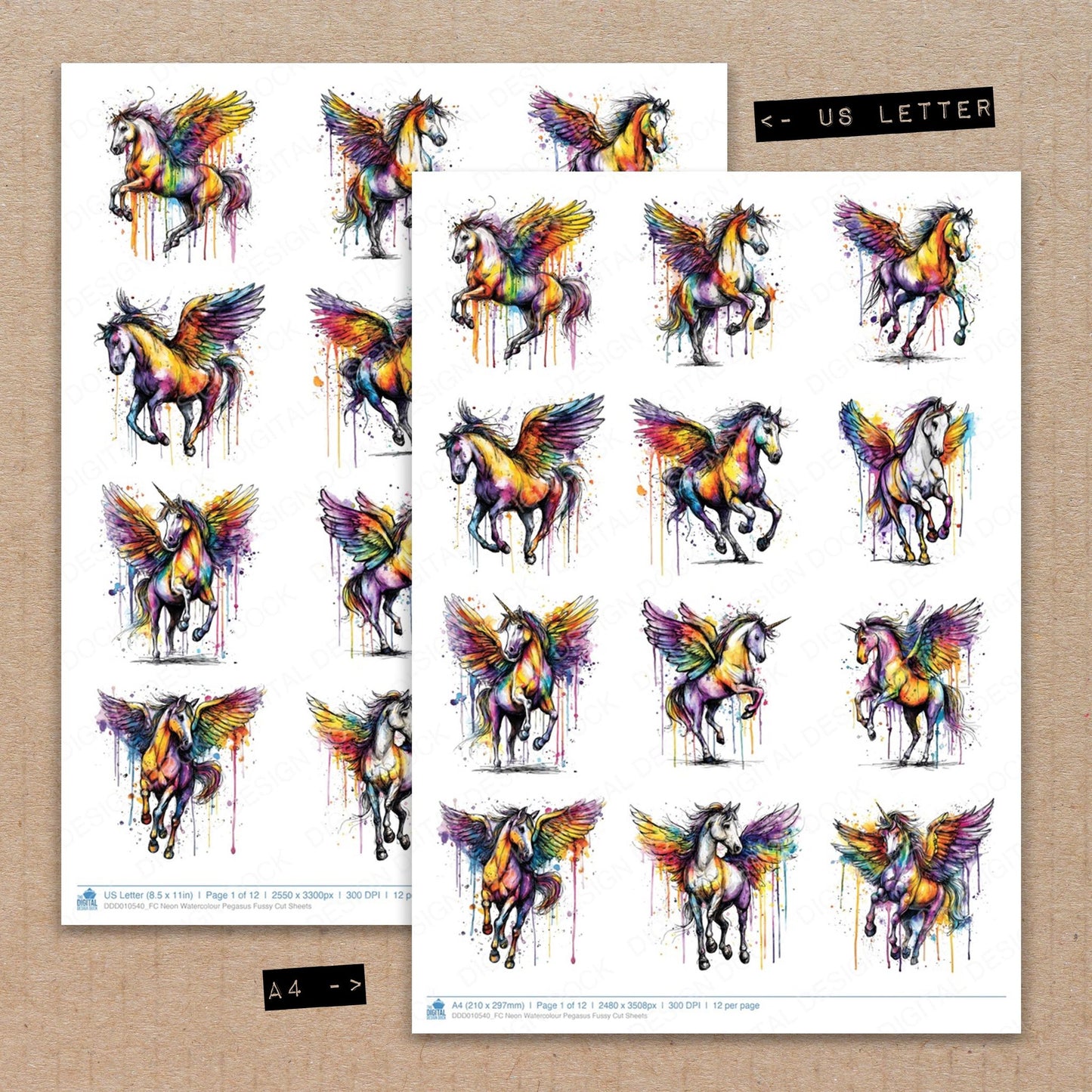 Neon Watercolour Pegasus Fussy Cut Sheets (DDD010540)
