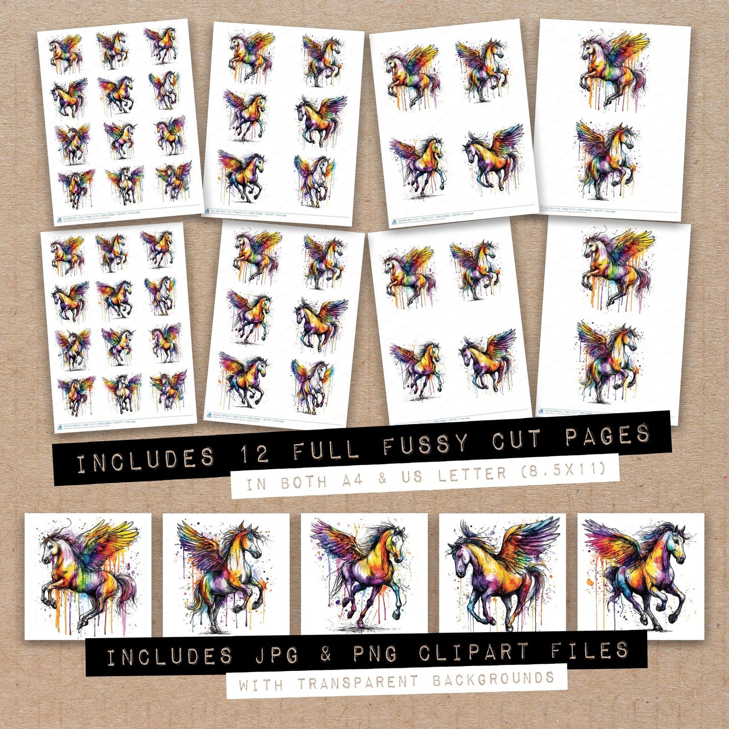 Neon Watercolour Pegasus Fussy Cut Sheets (DDD010540)