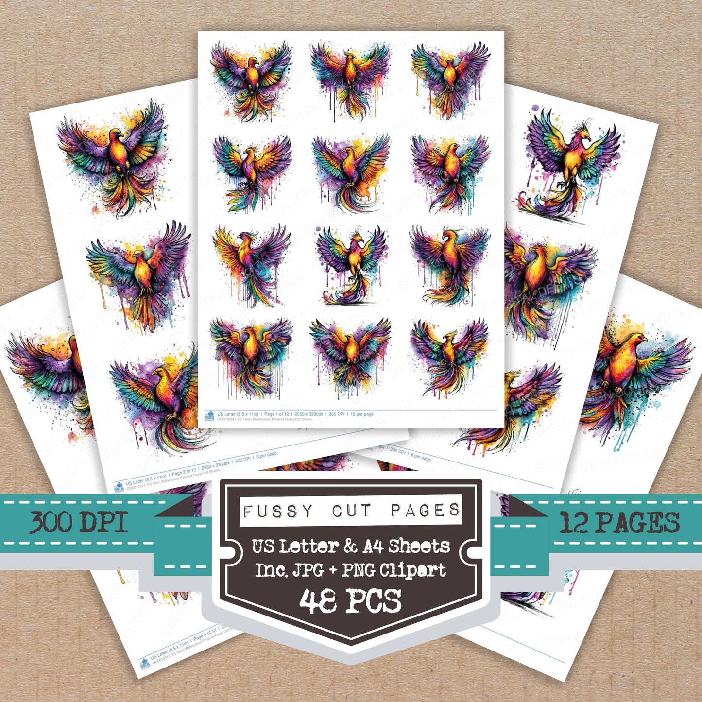 Neon Watercolour Phoenix Fussy Cut Sheets (DDD010541)