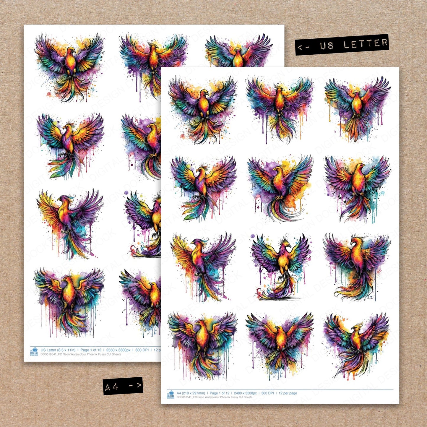 Neon Watercolour Phoenix Fussy Cut Sheets (DDD010541)