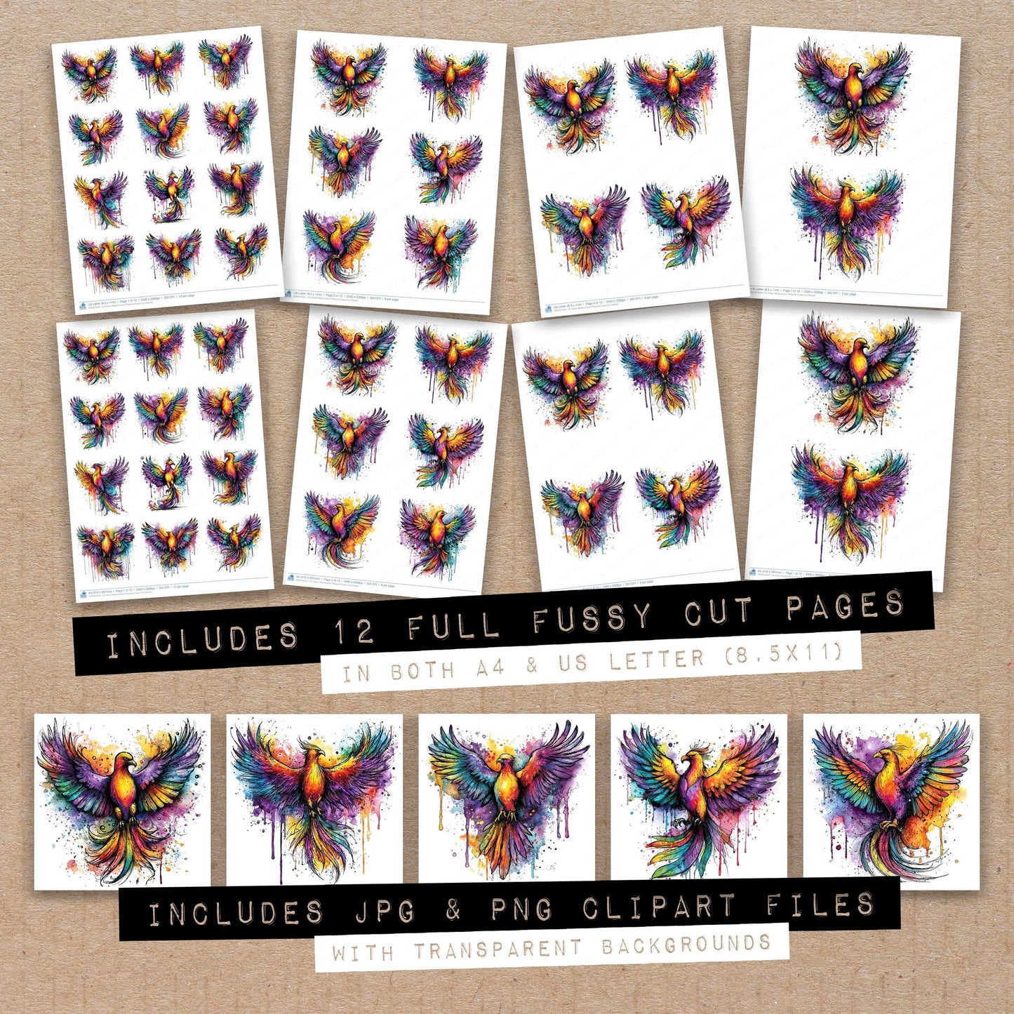 Neon Watercolour Phoenix Fussy Cut Sheets (DDD010541)