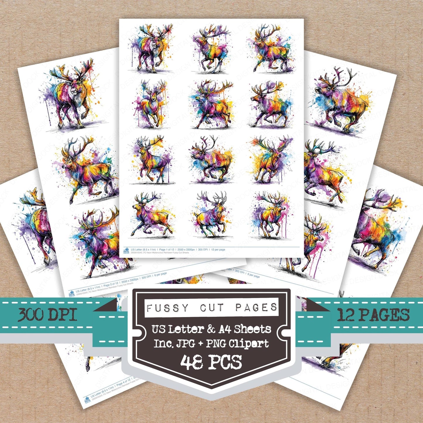 DDD010542_FC Neon Watercolour Reindeer Fussy Cut Sheets