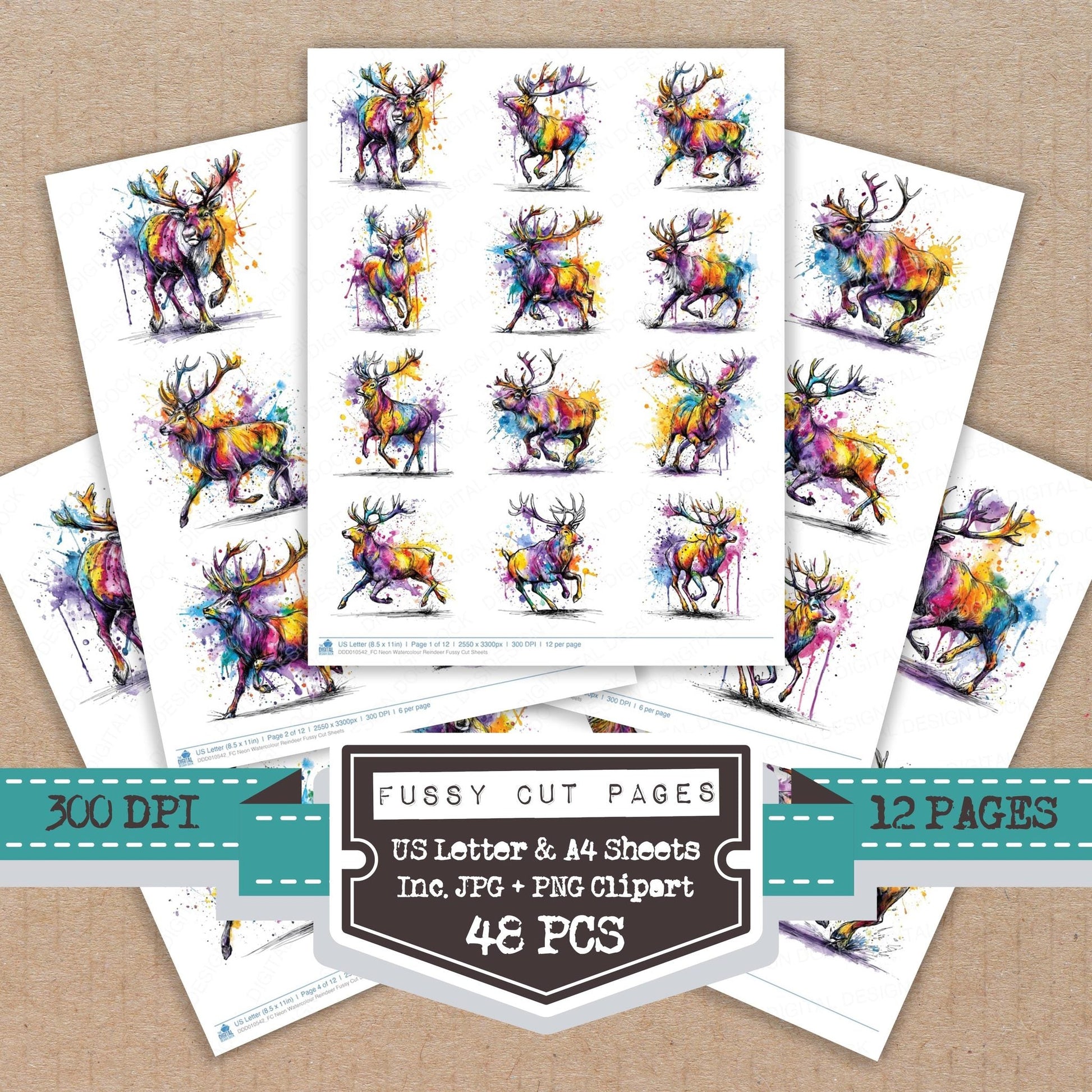 DDD010542_FC Neon Watercolour Reindeer Fussy Cut Sheets