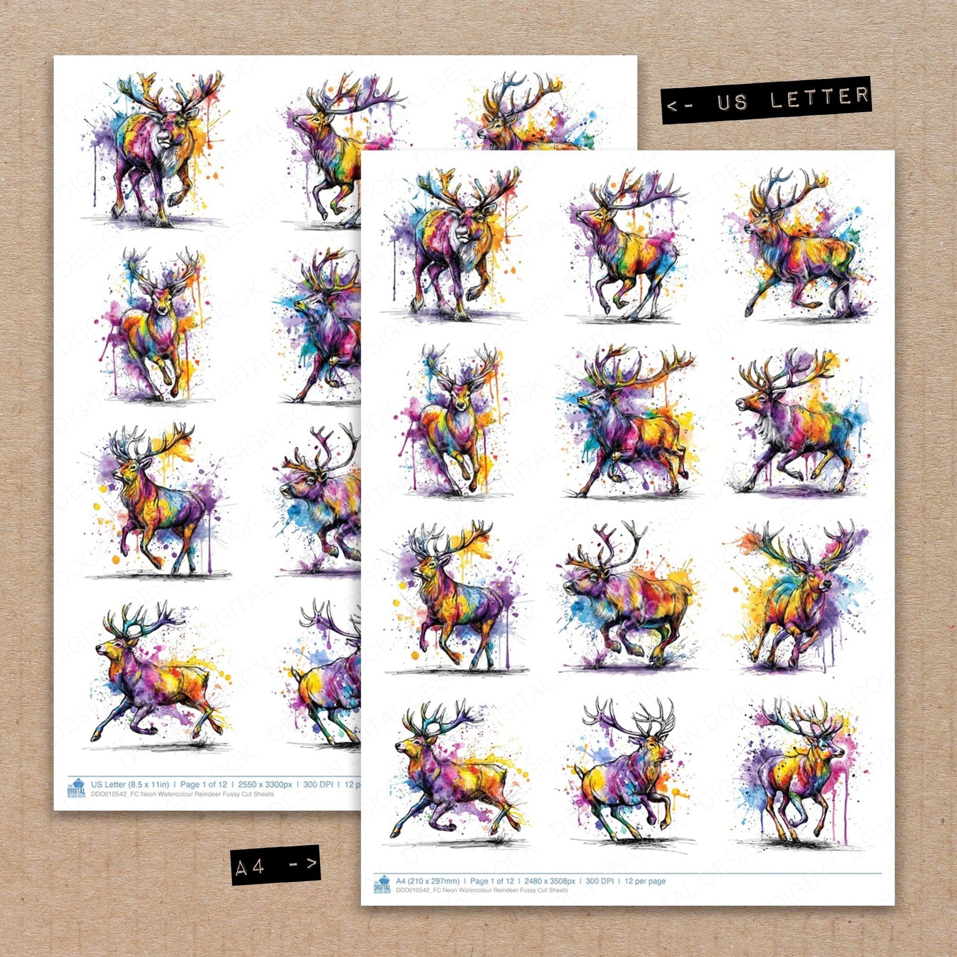 DDD010542_FC Neon Watercolour Reindeer Fussy Cut Sheets