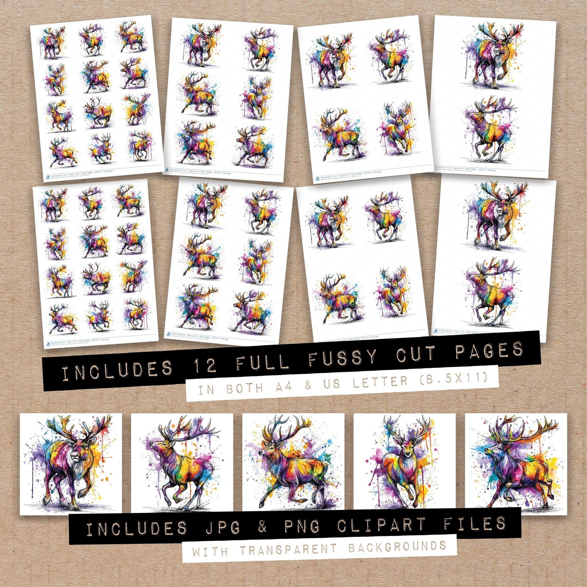 DDD010542_FC Neon Watercolour Reindeer Fussy Cut Sheets