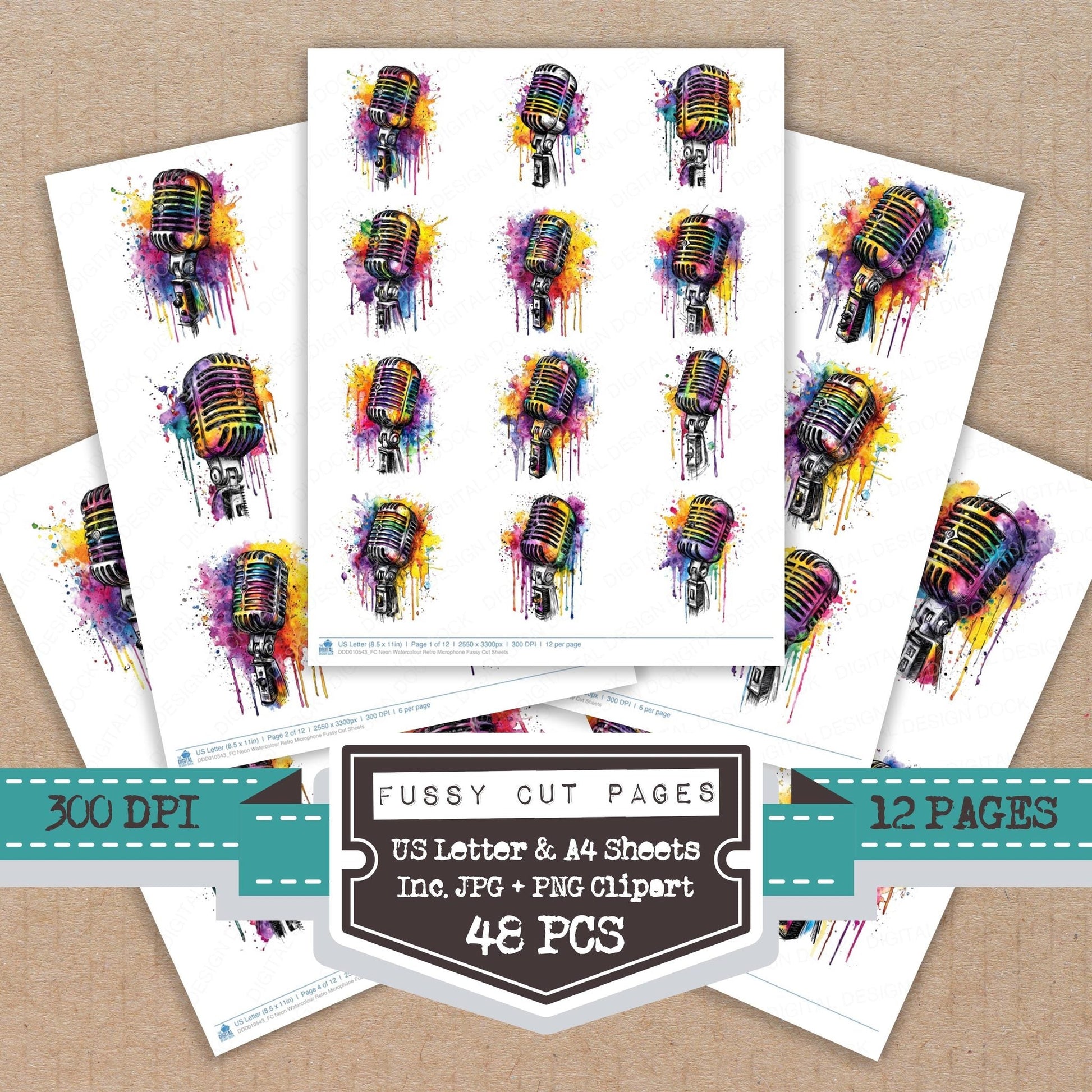 DDD010543_FC Neon Watercolour Retro Microphone Fussy Cut Sheets