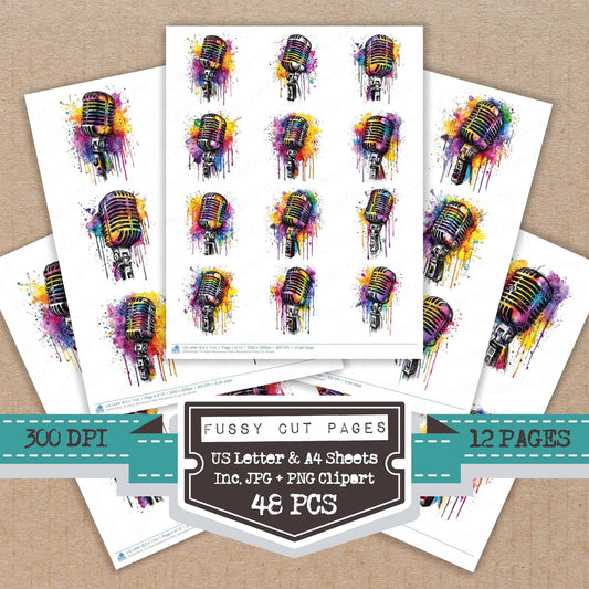 DDD010543_FC Neon Watercolour Retro Microphone Fussy Cut Sheets
