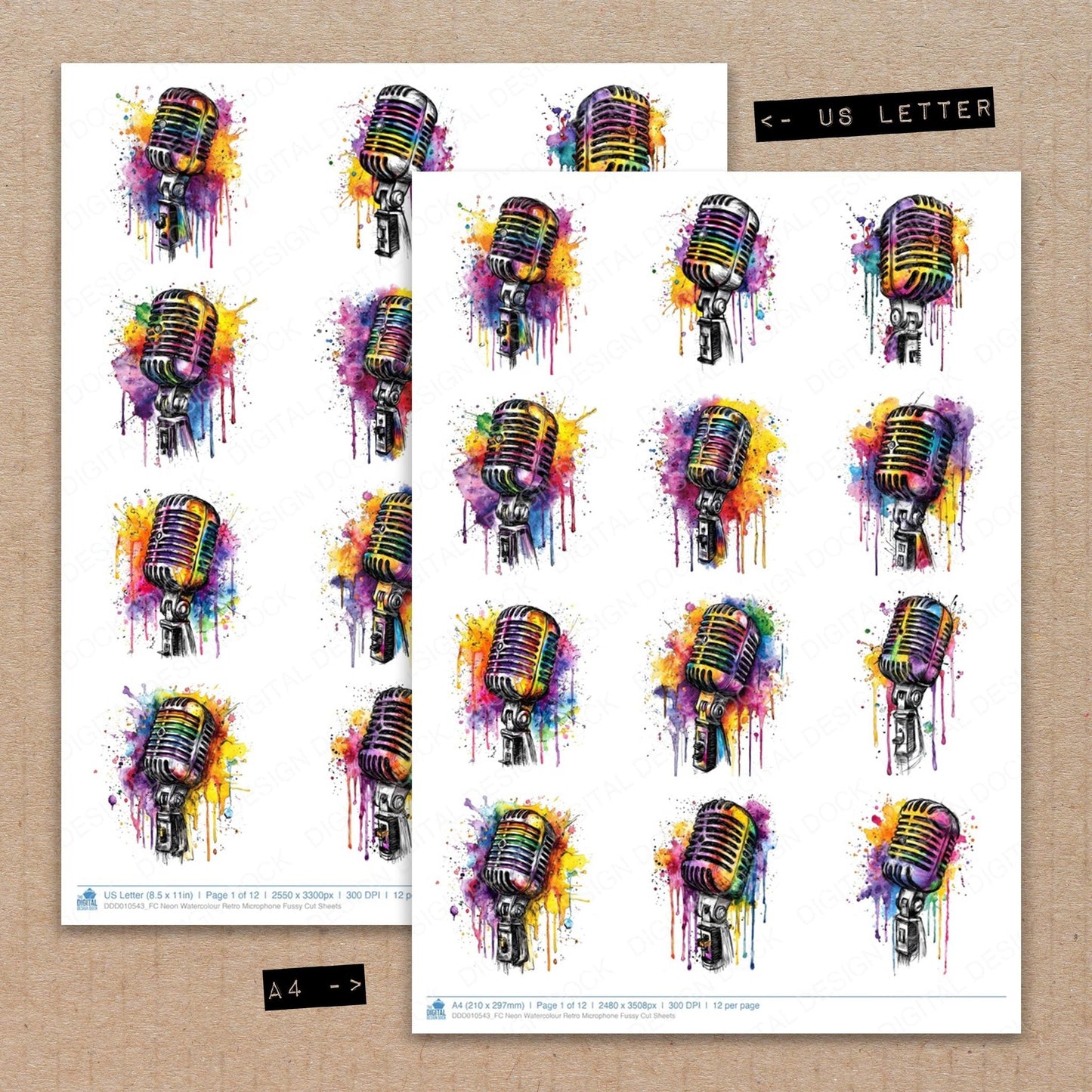 DDD010543_FC Neon Watercolour Retro Microphone Fussy Cut Sheets
