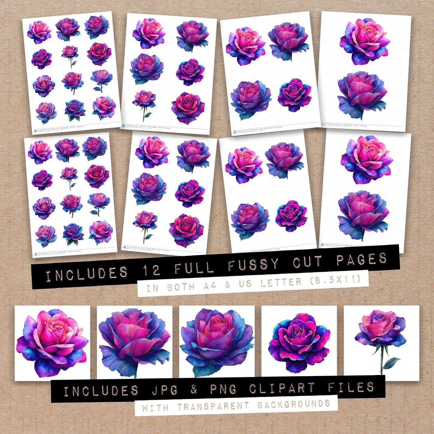 DDD010544_FC Neon Watercolour Rose Fussy Cut Sheets