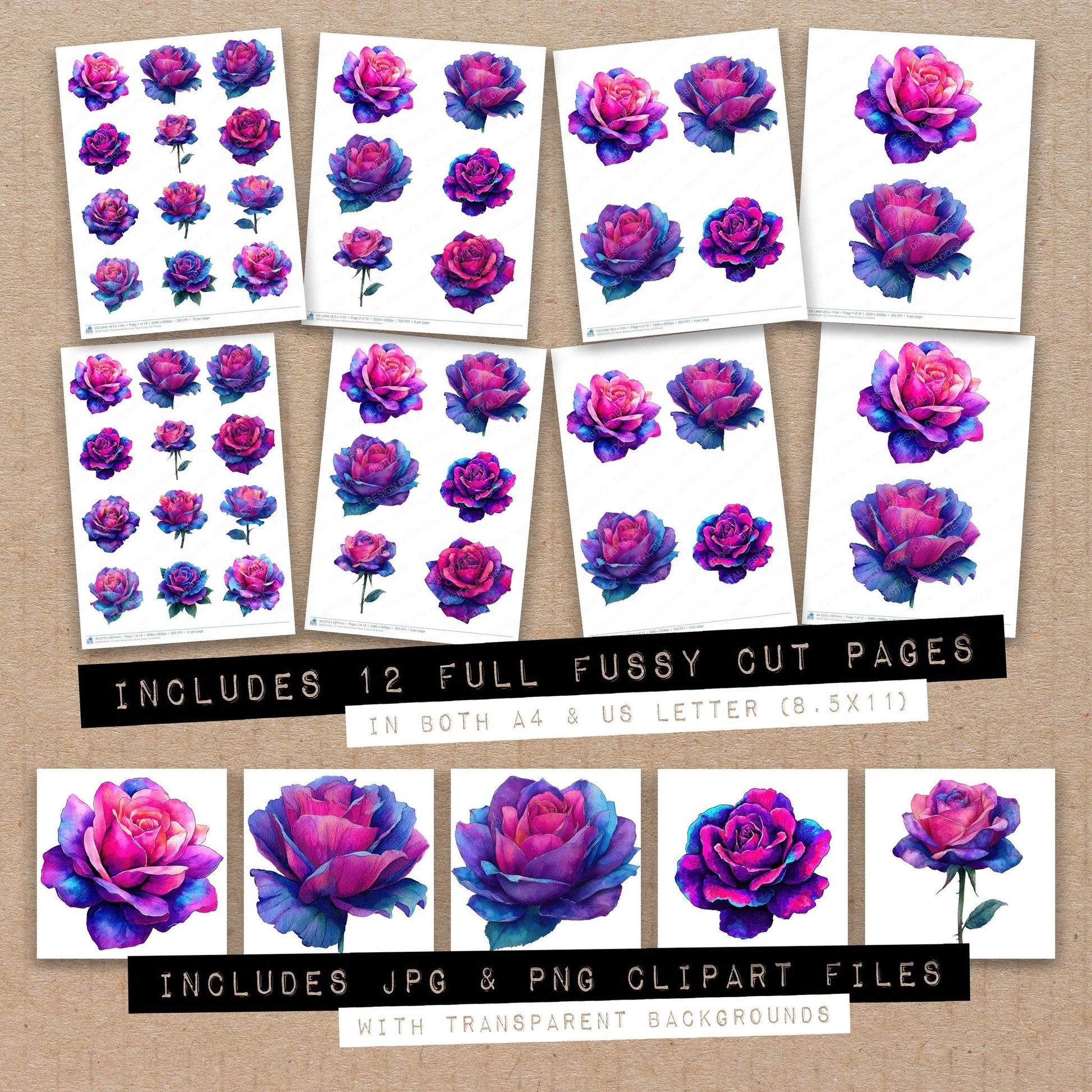 DDD010544_FC Neon Watercolour Rose Fussy Cut Sheets