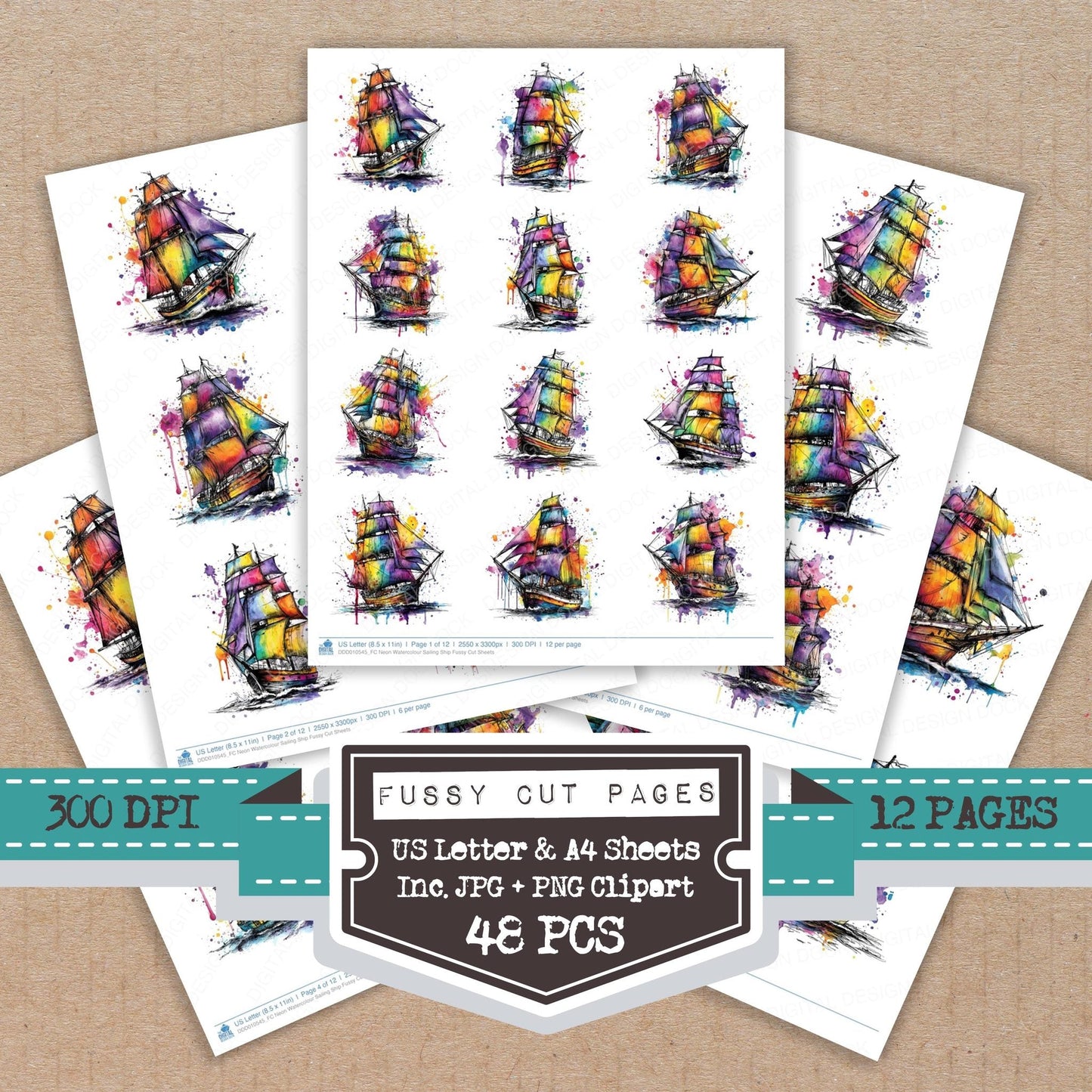 DDD010545_FC Neon Watercolour Sailing Ship Fussy Cut Sheets