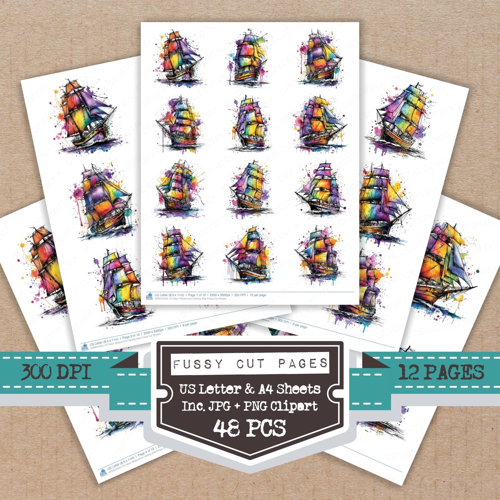 DDD010545_FC Neon Watercolour Sailing Ship Fussy Cut Sheets