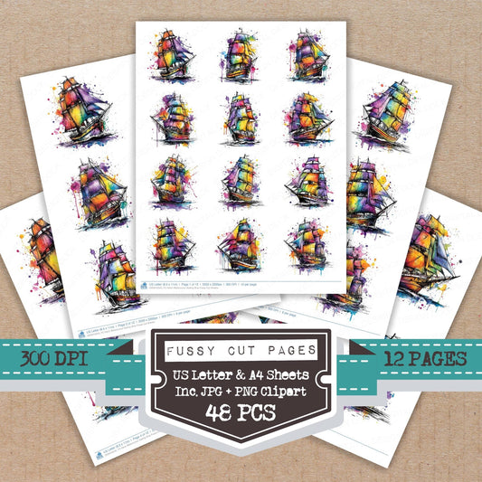 DDD010545_FC Neon Watercolour Sailing Ship Fussy Cut Sheets