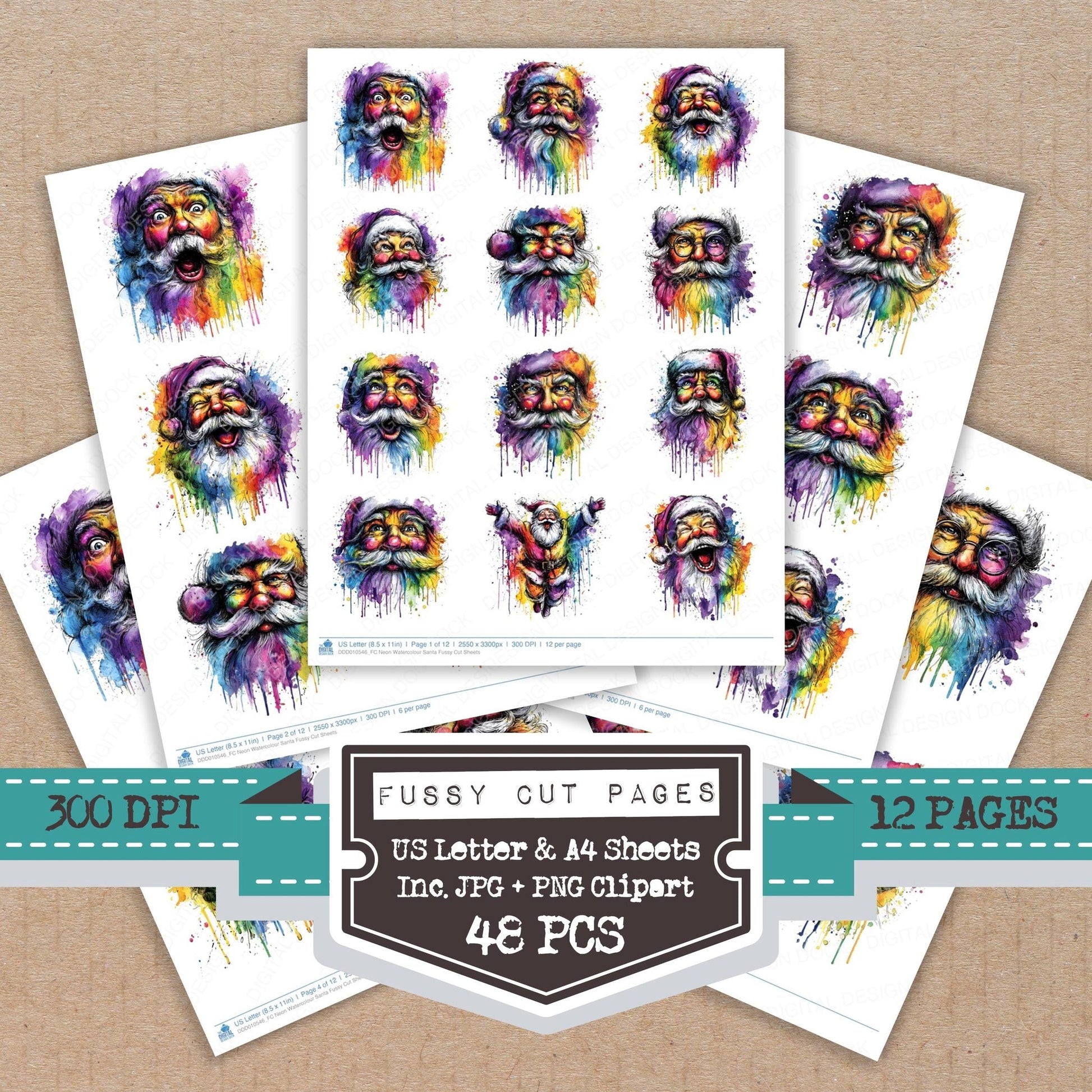 DDD010546_FC Neon Watercolour Santa Fussy Cut Sheets
