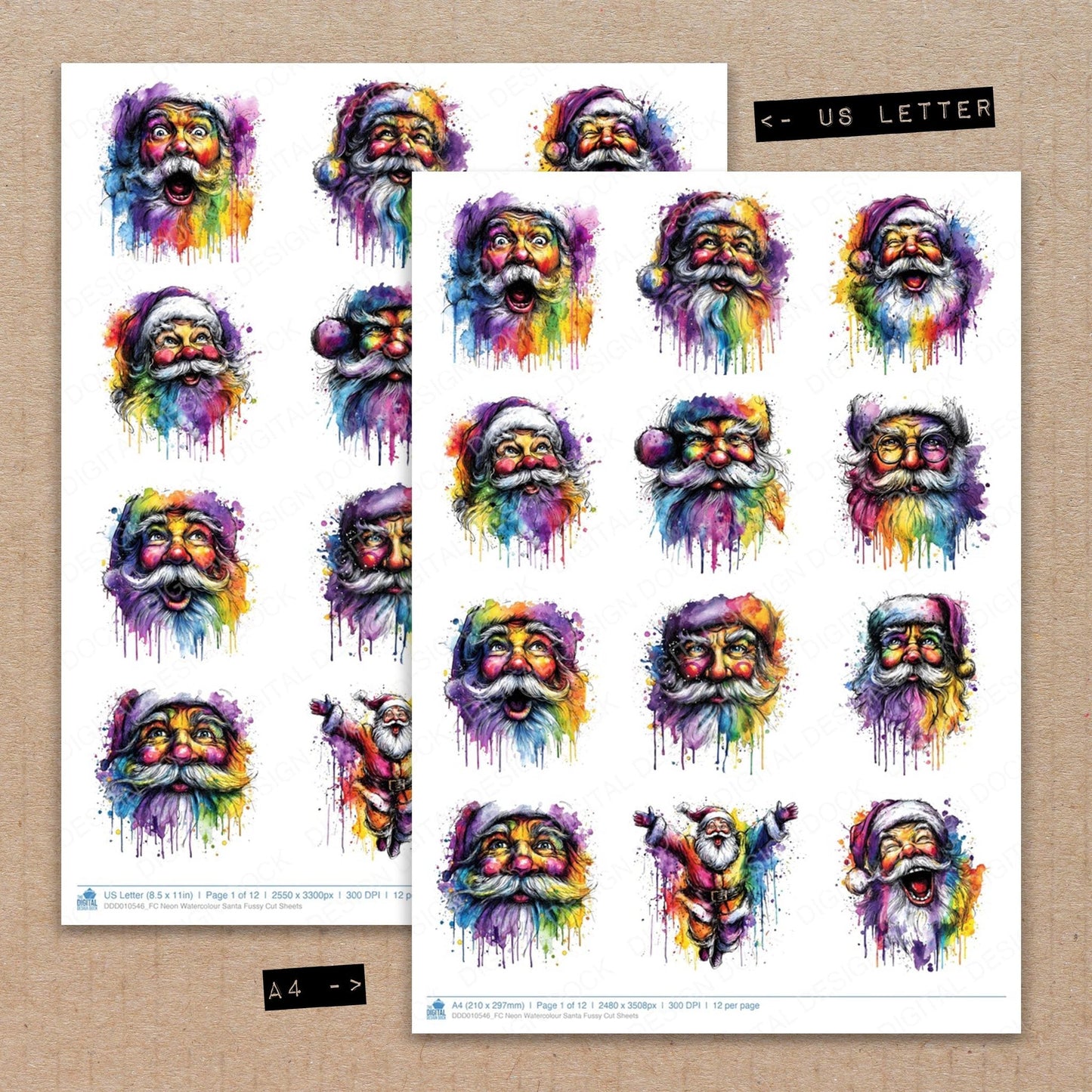 DDD010546_FC Neon Watercolour Santa Fussy Cut Sheets
