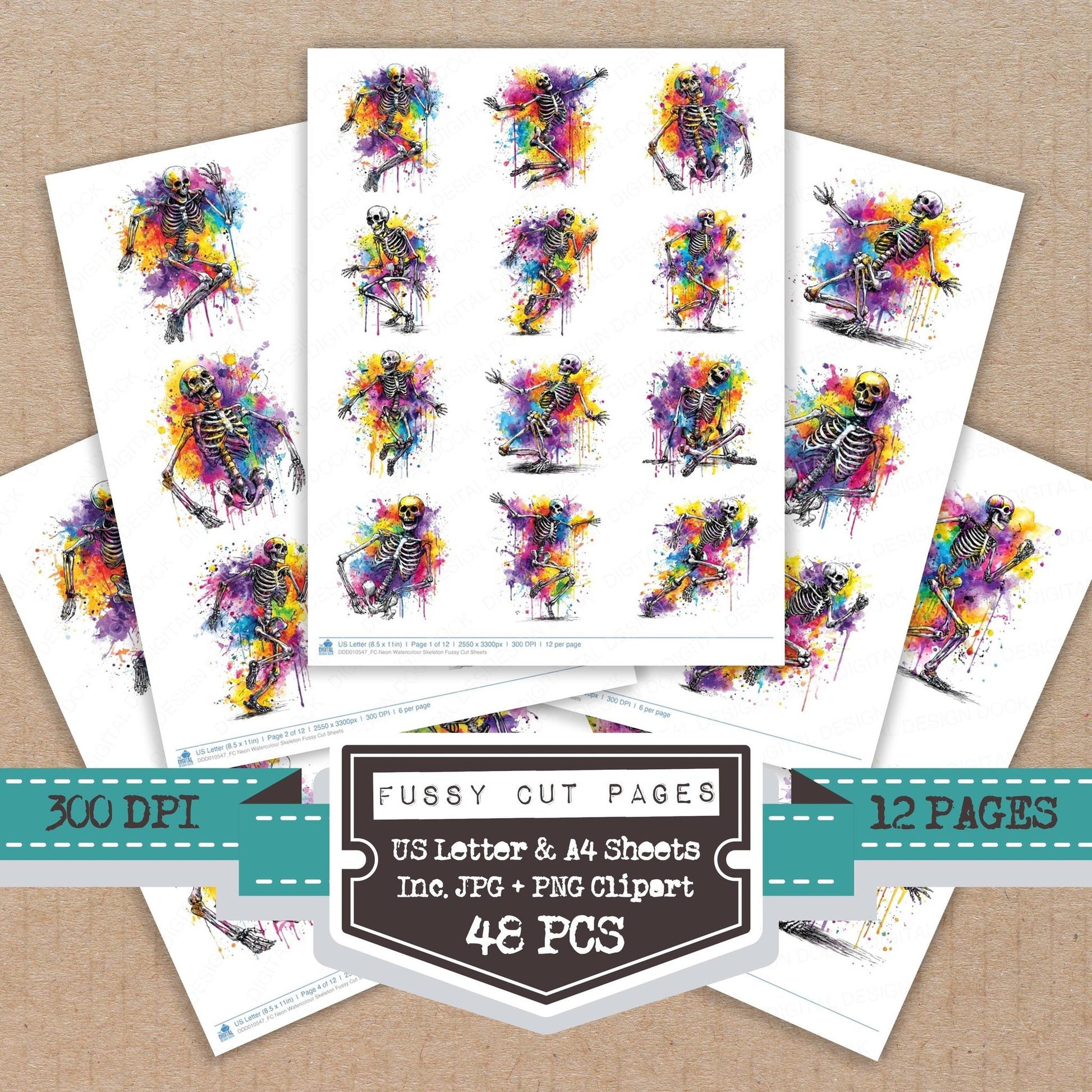 DDD010547_FC Neon Watercolour Skeleton Fussy Cut Sheets