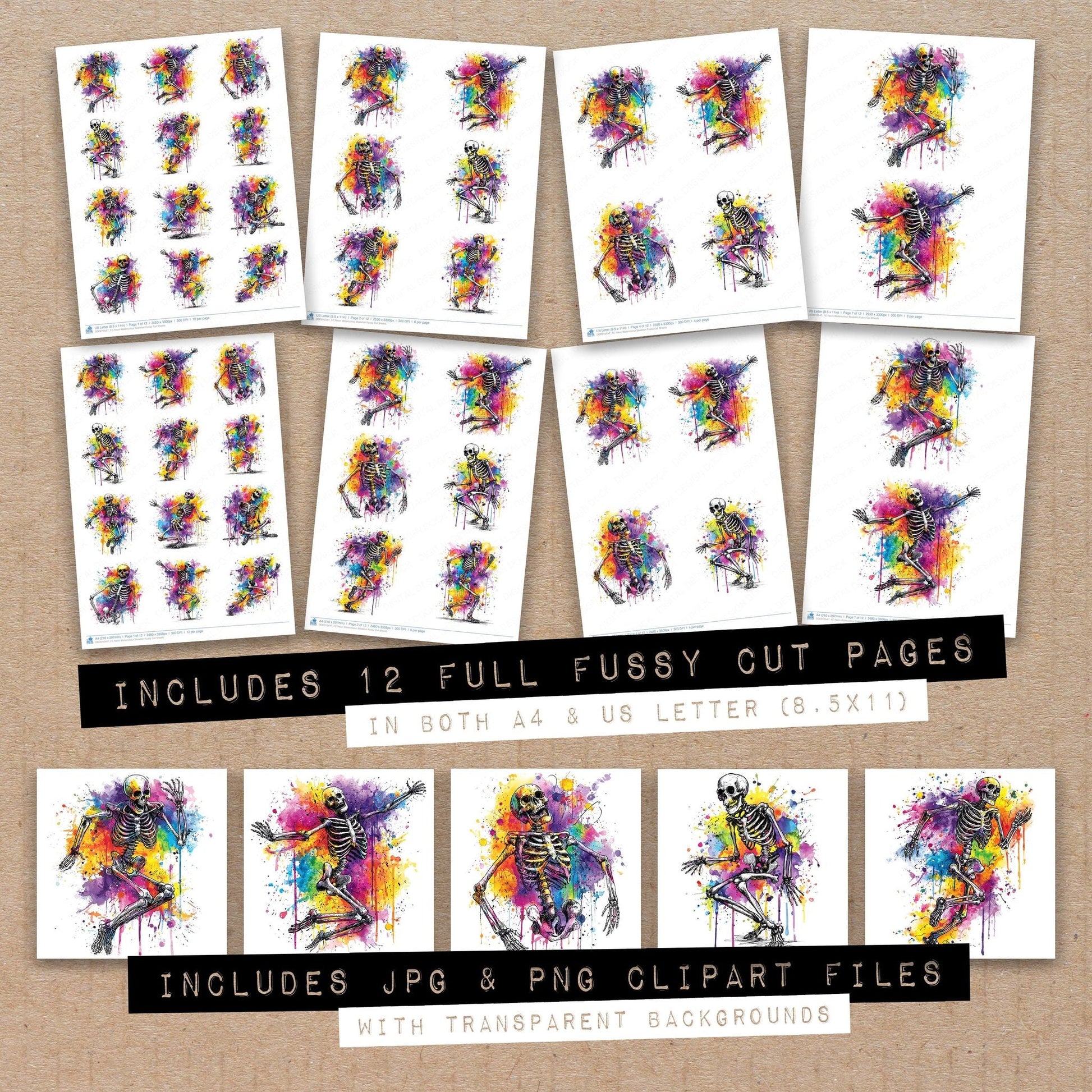DDD010547_FC Neon Watercolour Skeleton Fussy Cut Sheets