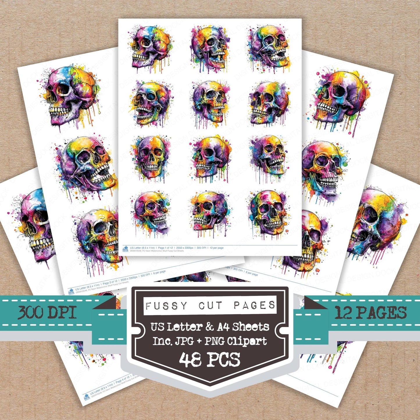 DDD010548_FC Neon Watercolour Skull Fussy Cut Sheets