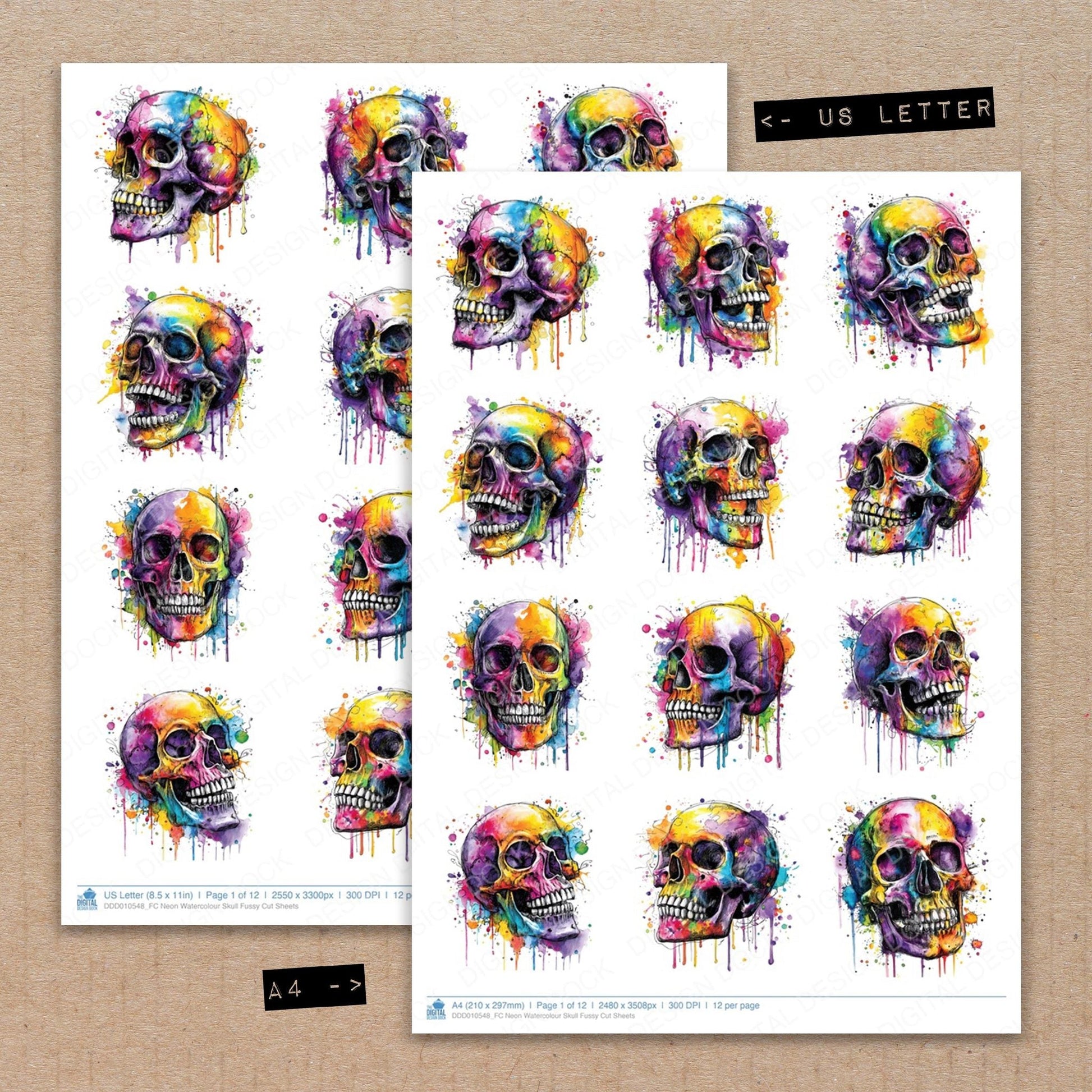 DDD010548_FC Neon Watercolour Skull Fussy Cut Sheets