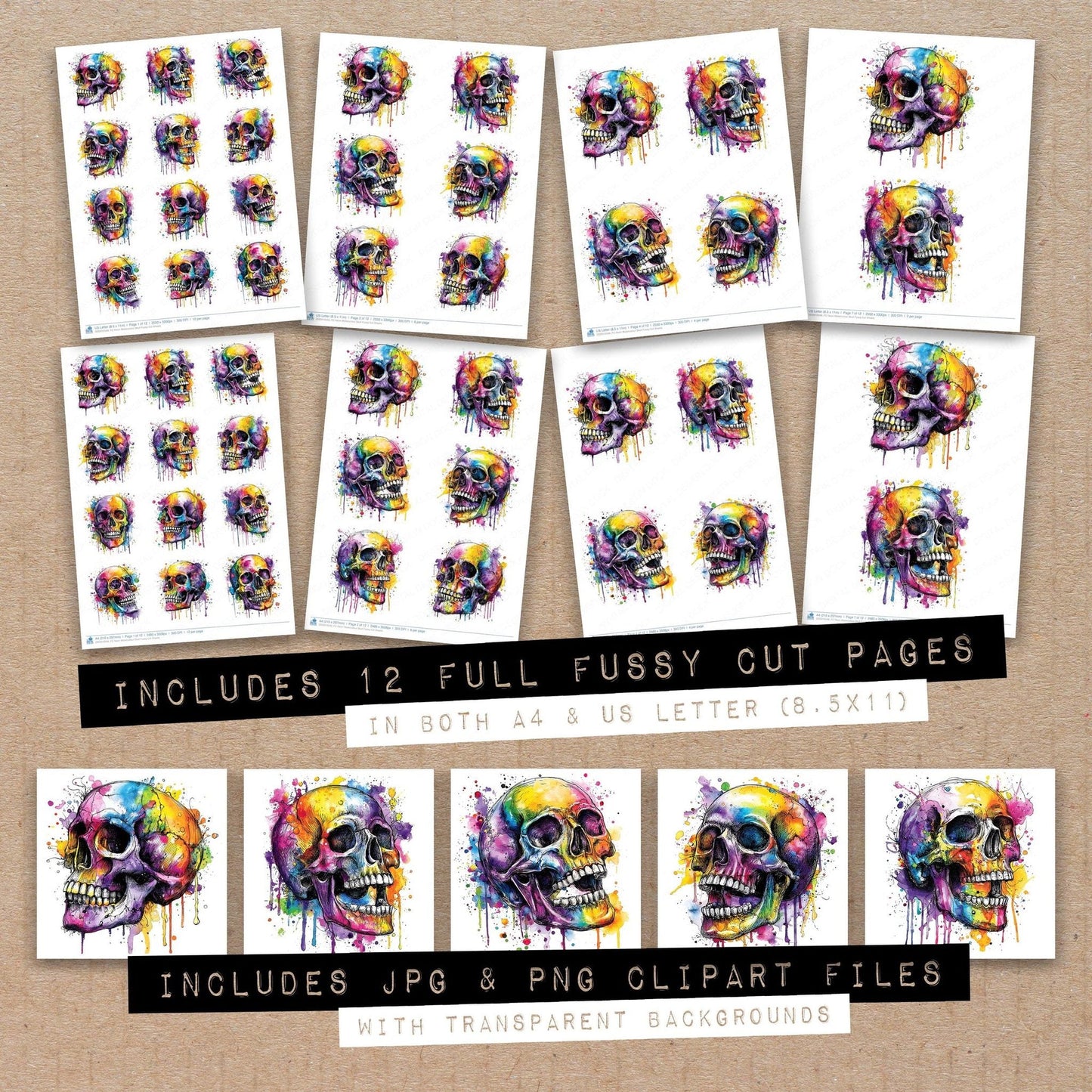DDD010548_FC Neon Watercolour Skull Fussy Cut Sheets