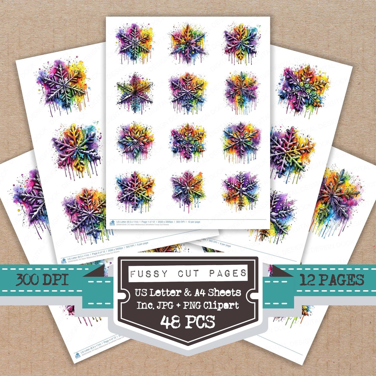 DDD010549_FC Neon Watercolour Snowflake Fussy Cut Sheets