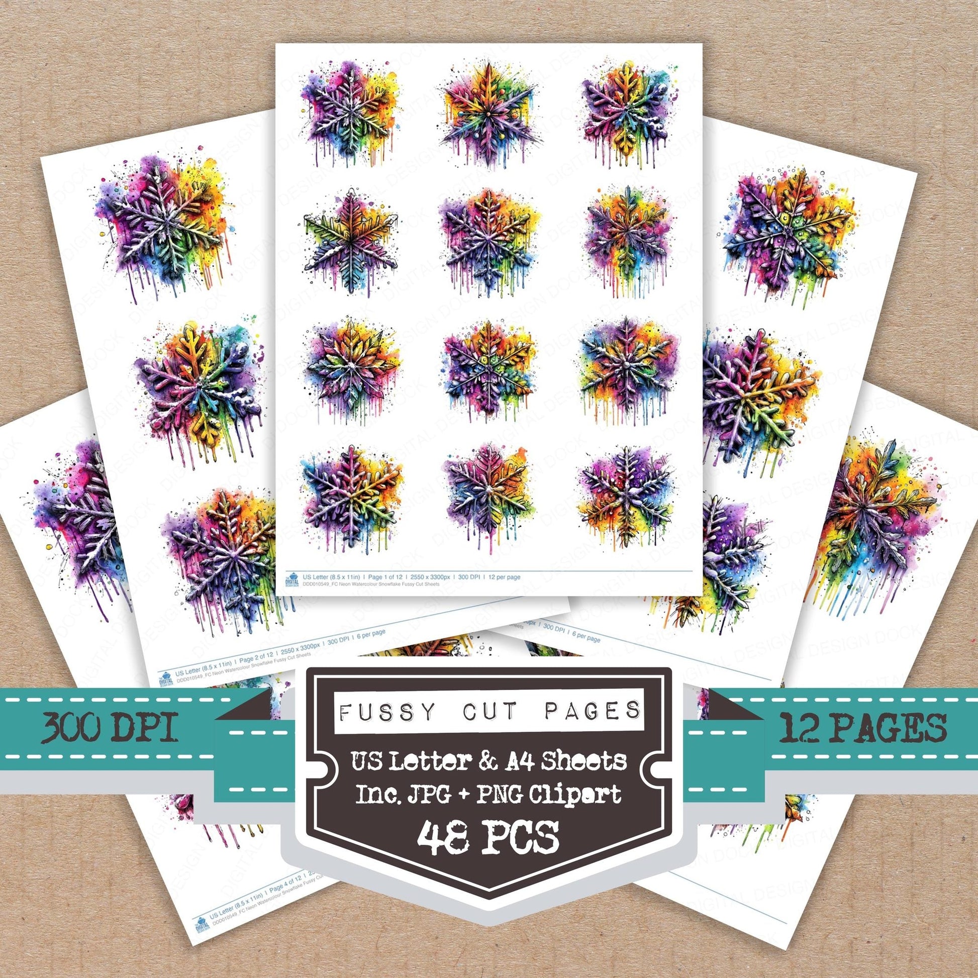 DDD010549_FC Neon Watercolour Snowflake Fussy Cut Sheets