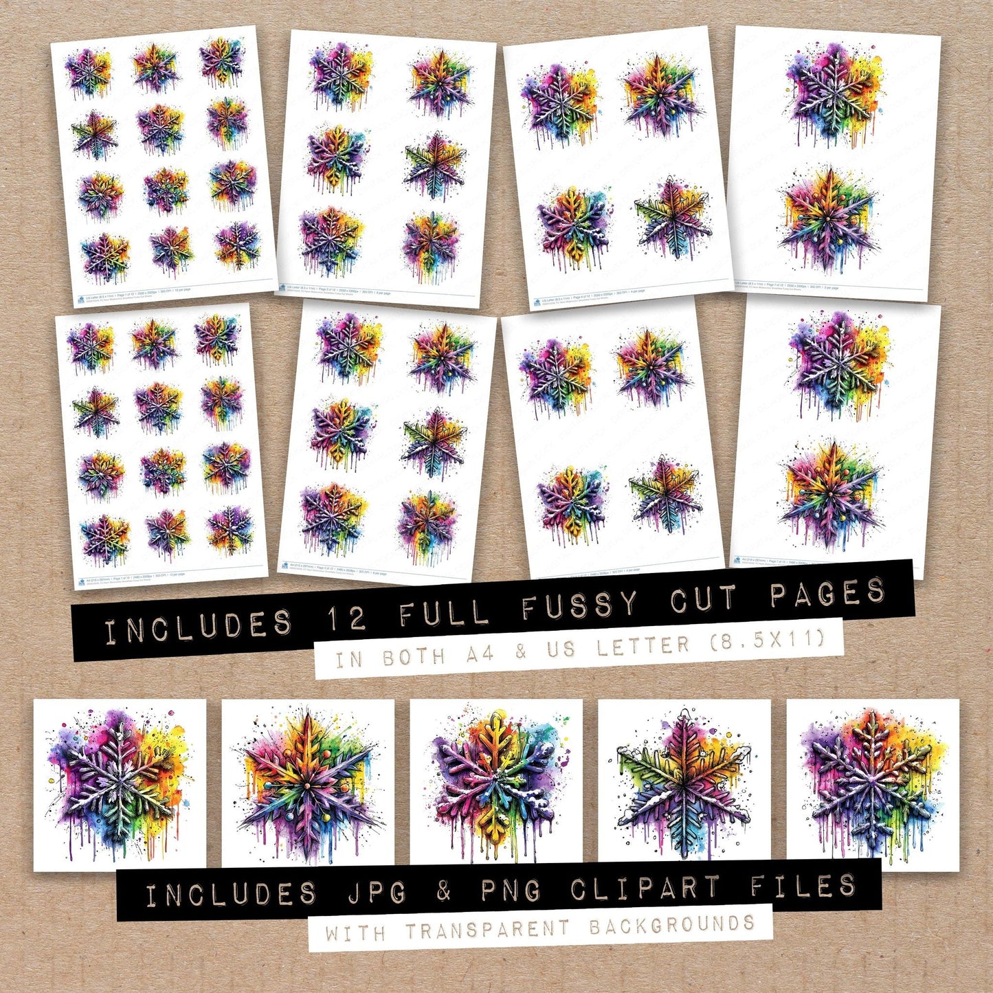 DDD010549_FC Neon Watercolour Snowflake Fussy Cut Sheets