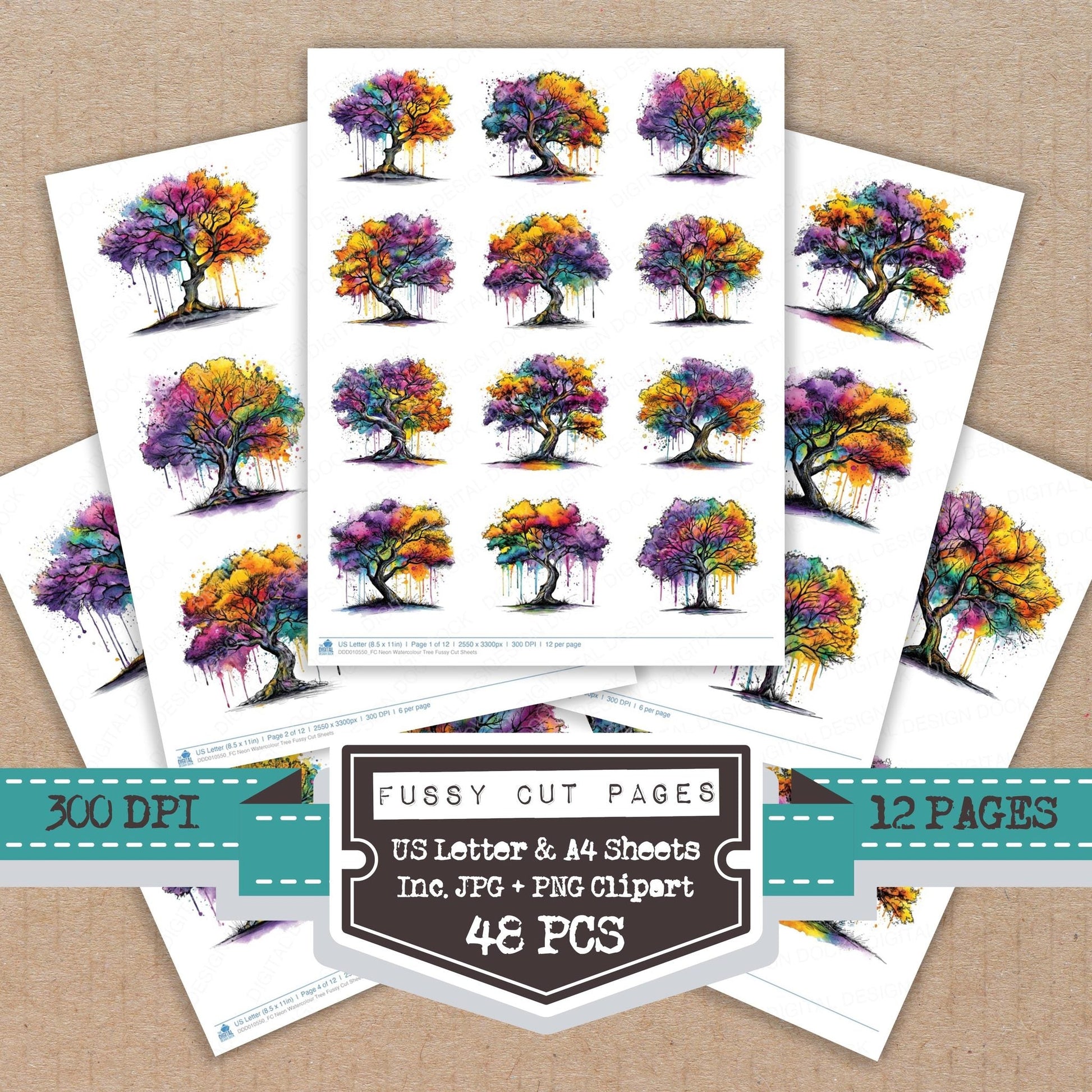DDD010550_FC Neon Watercolour Tree Fussy Cut Sheets