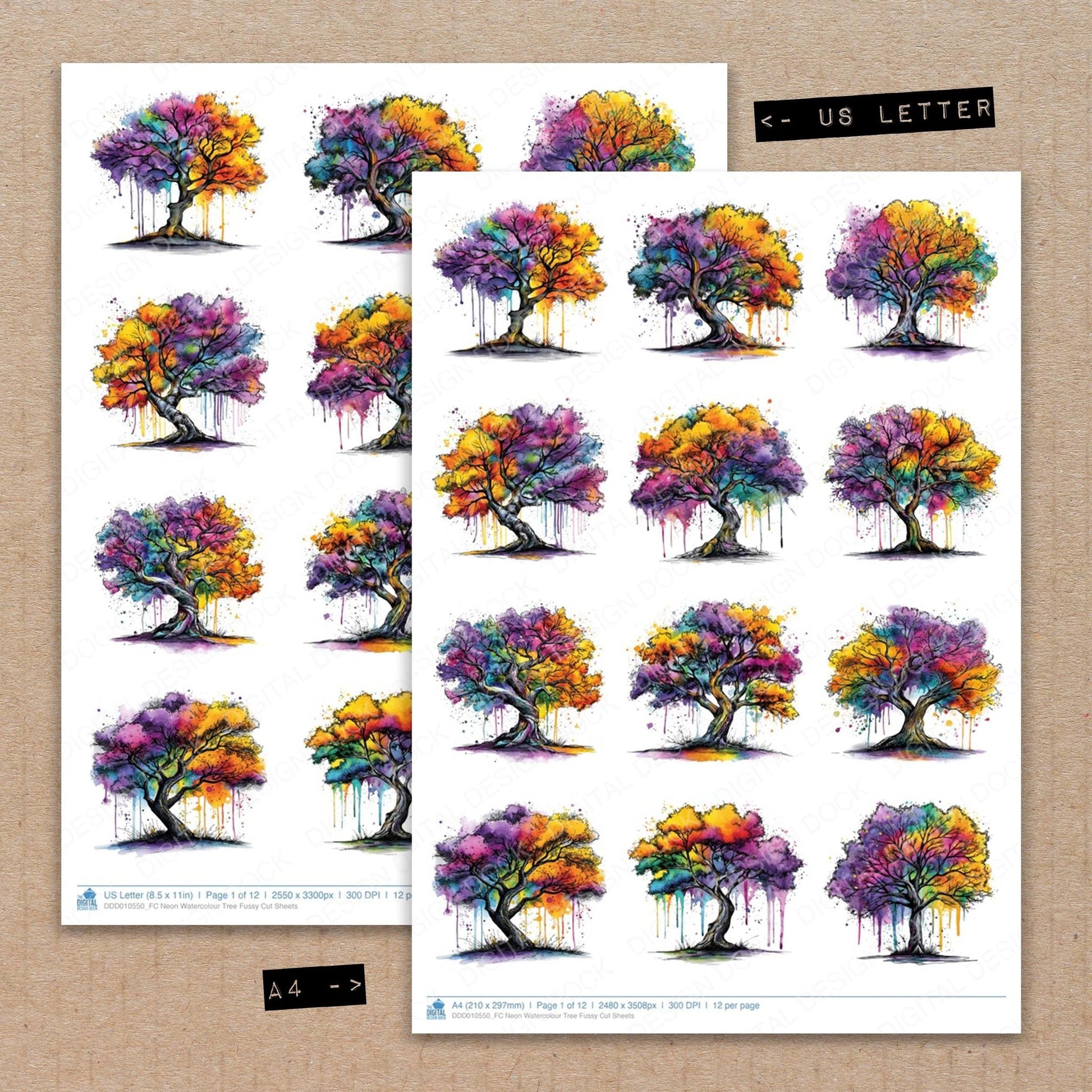 DDD010550_FC Neon Watercolour Tree Fussy Cut Sheets