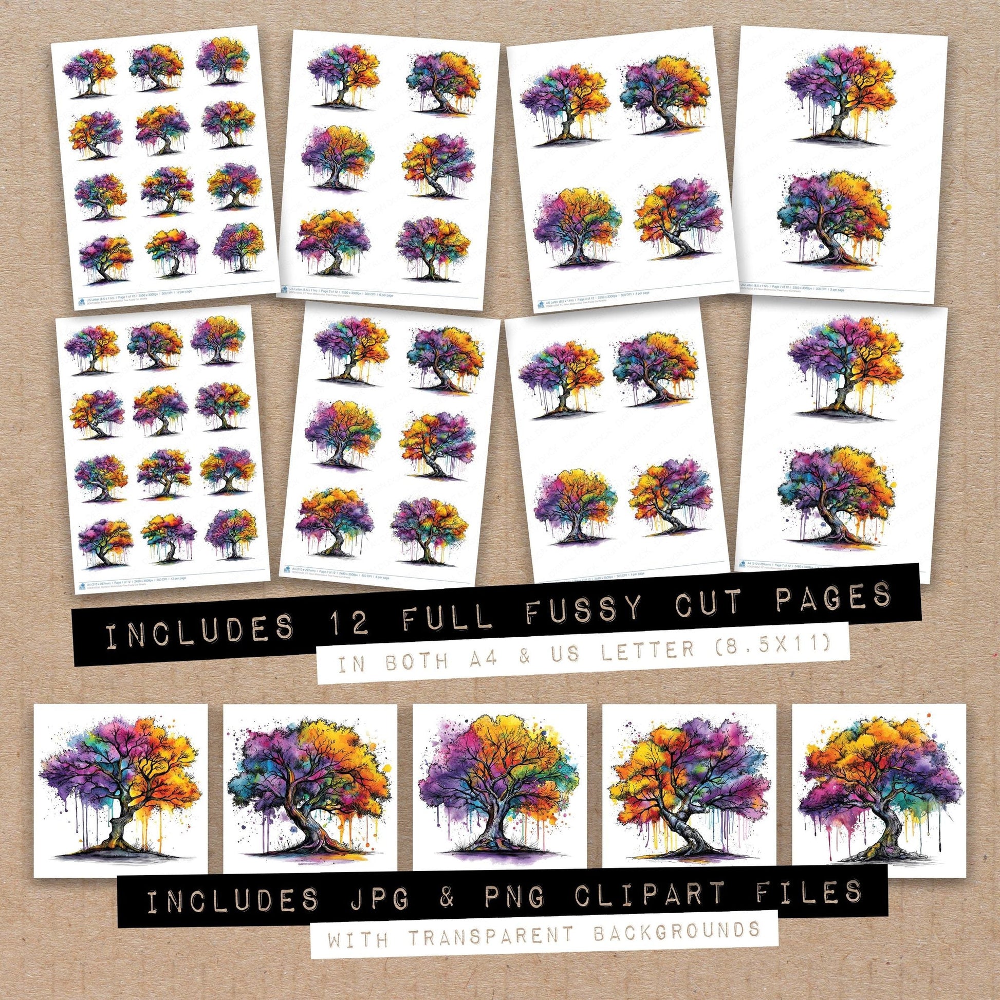 DDD010550_FC Neon Watercolour Tree Fussy Cut Sheets