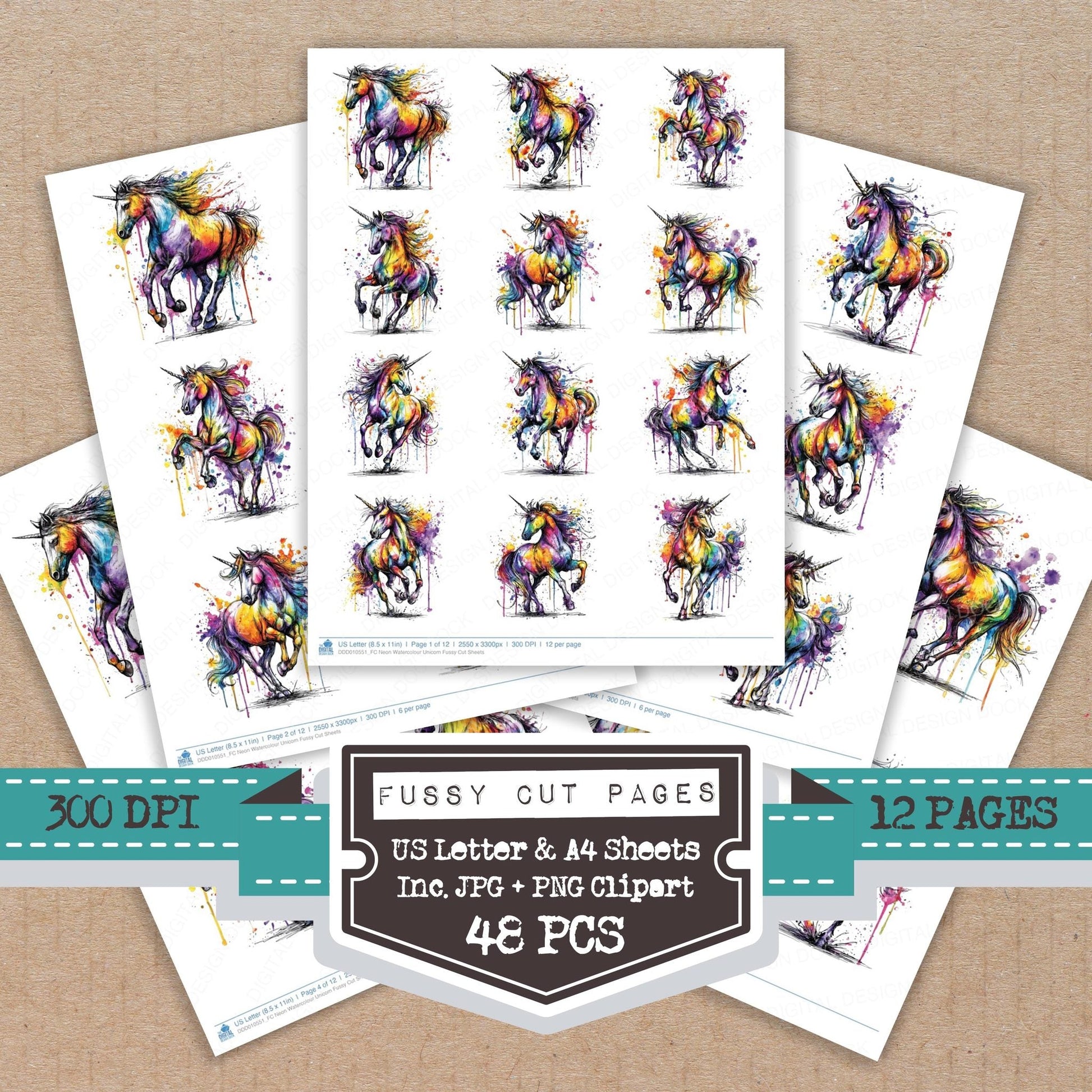DDD010551_FC Neon Watercolour Unicorn Fussy Cut Sheets