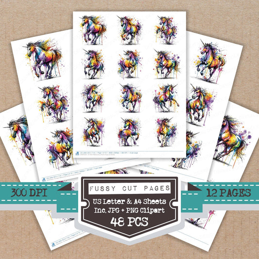 DDD010551_FC Neon Watercolour Unicorn Fussy Cut Sheets