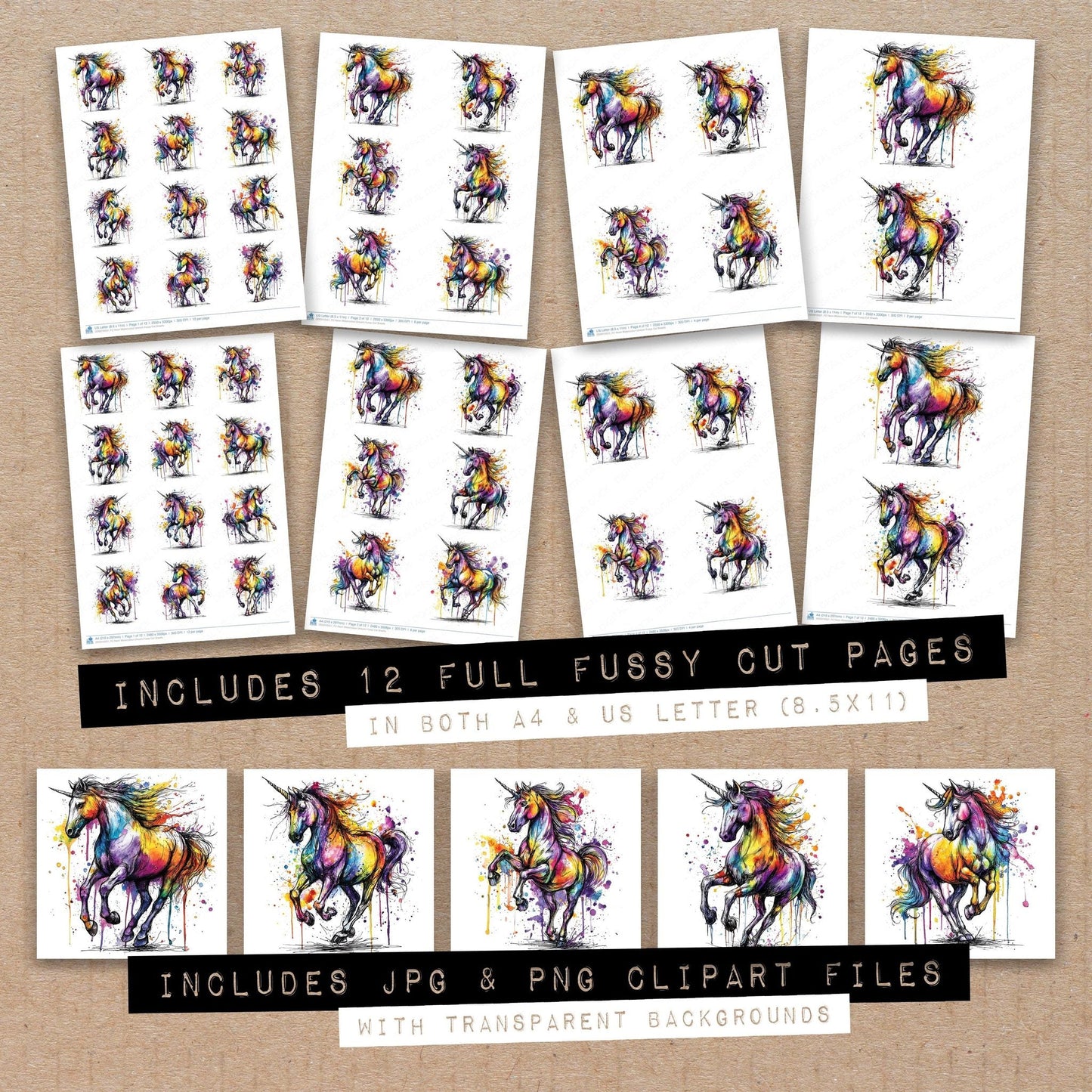 DDD010551_FC Neon Watercolour Unicorn Fussy Cut Sheets