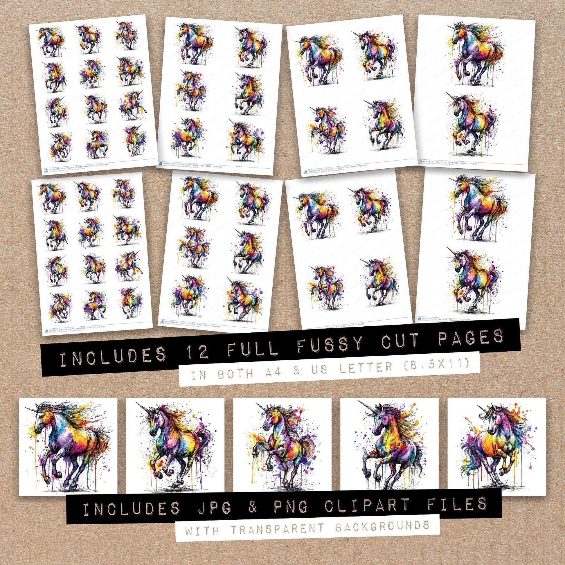 DDD010551_FC Neon Watercolour Unicorn Fussy Cut Sheets