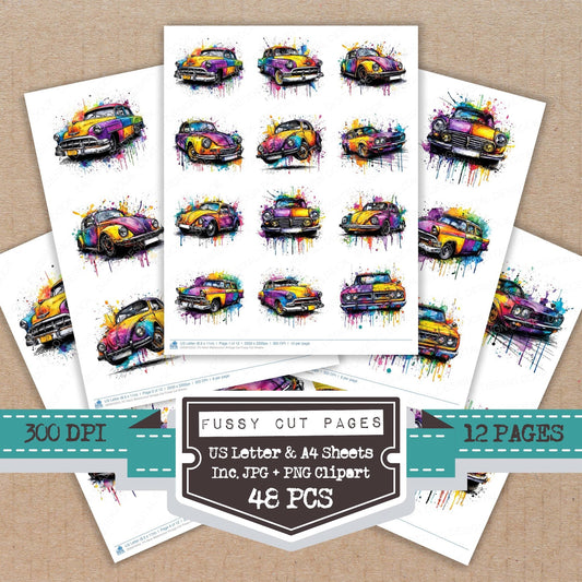DDD010552_FC Neon Watercolour Vintage Car Fussy Cut Sheets