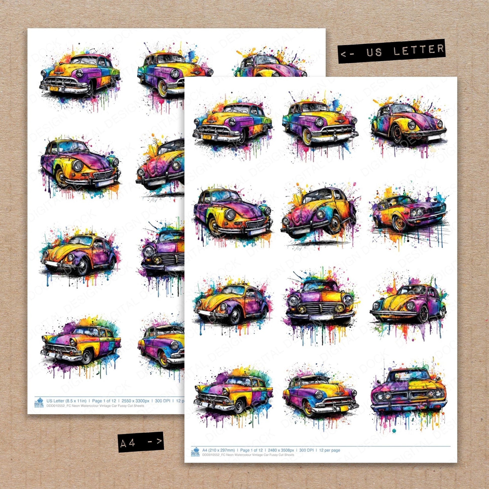 DDD010552_FC Neon Watercolour Vintage Car Fussy Cut Sheets