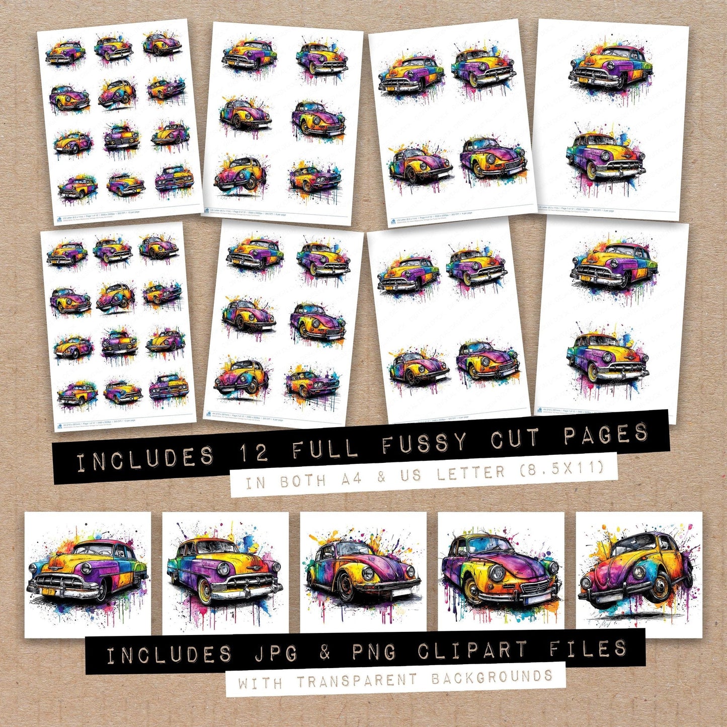 DDD010552_FC Neon Watercolour Vintage Car Fussy Cut Sheets