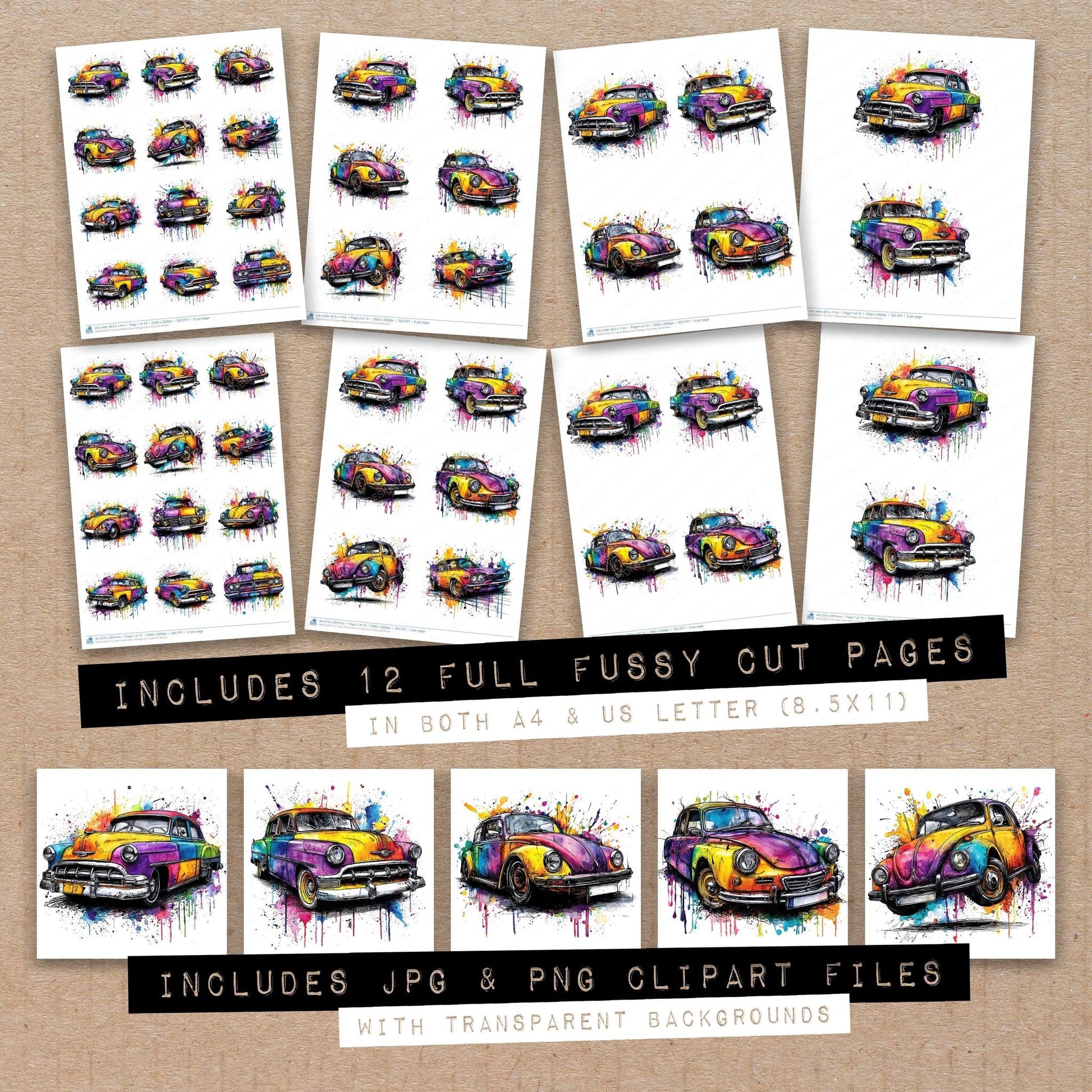 DDD010552_FC Neon Watercolour Vintage Car Fussy Cut Sheets