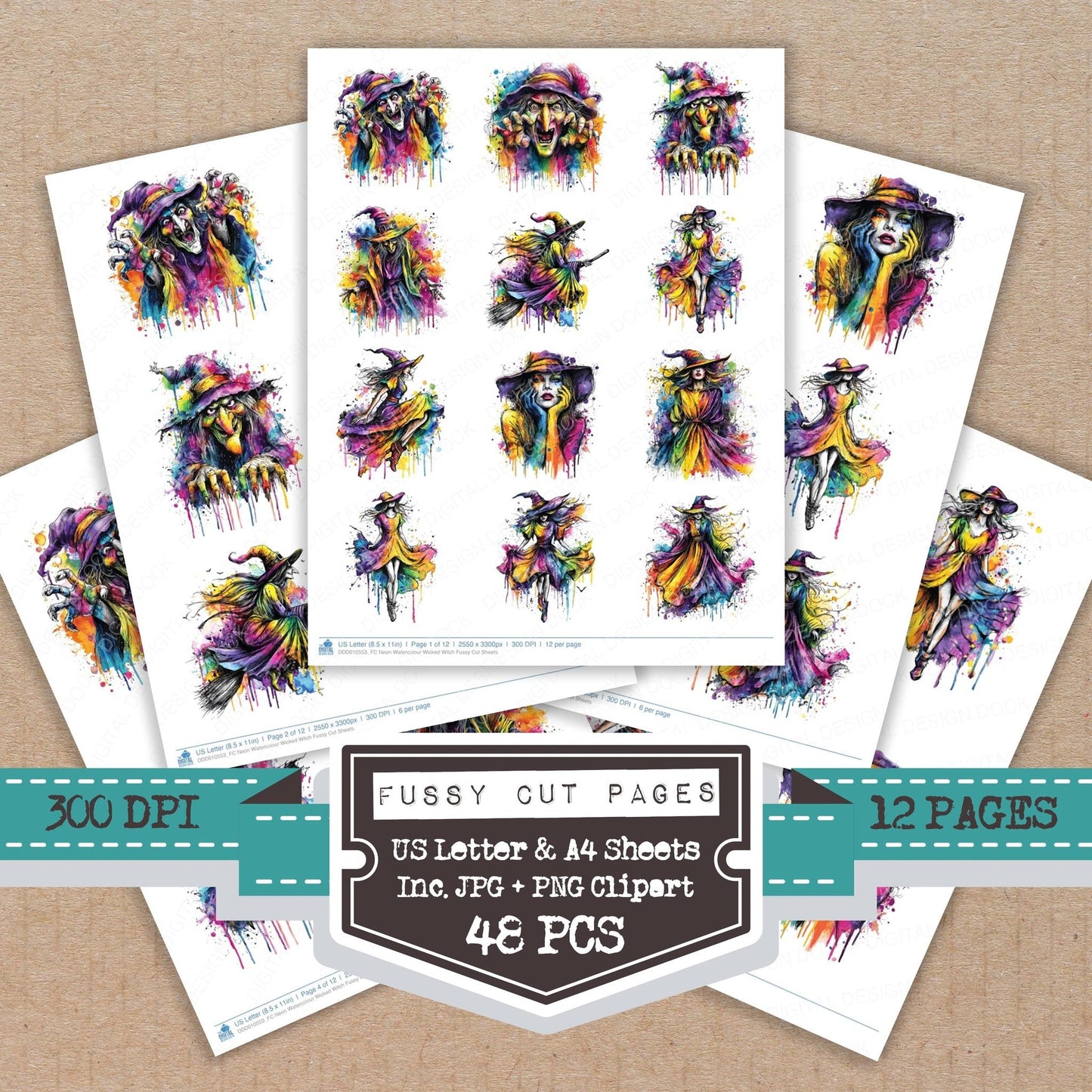 DDD010553_FC Neon Watercolour Wicked Witch Fussy Cut Sheets