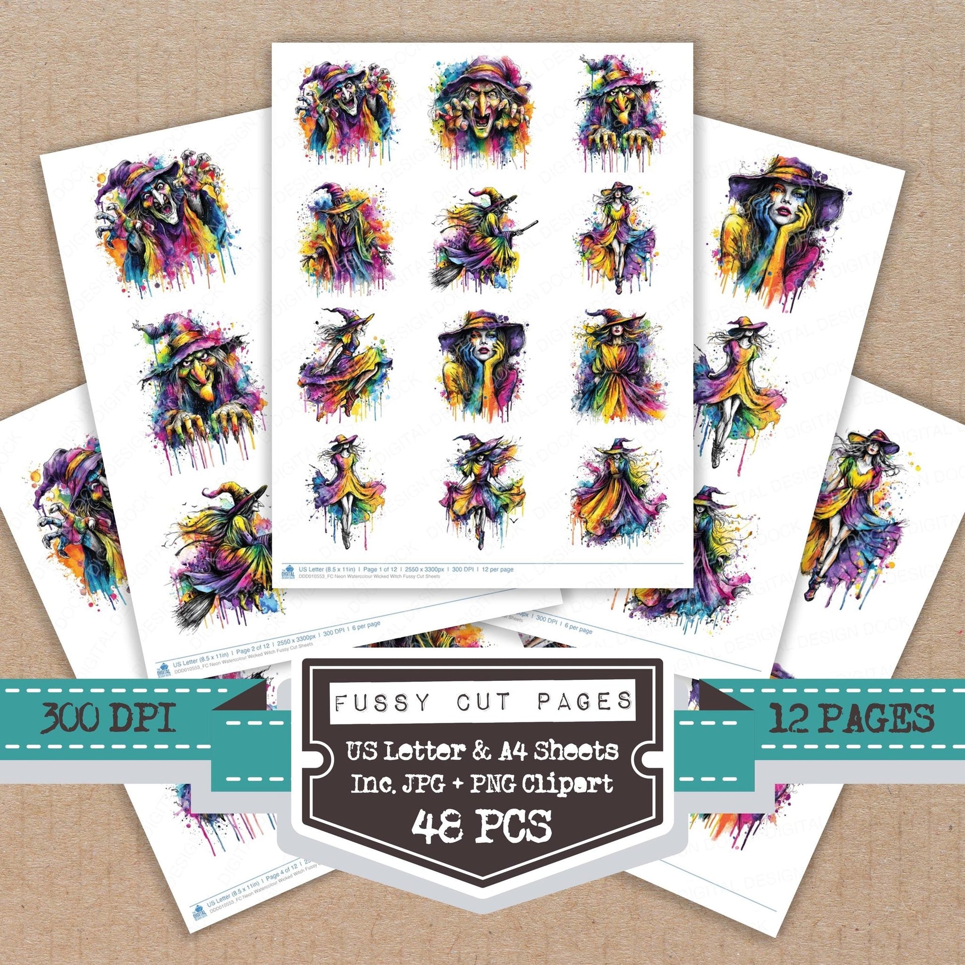 DDD010553_FC Neon Watercolour Wicked Witch Fussy Cut Sheets