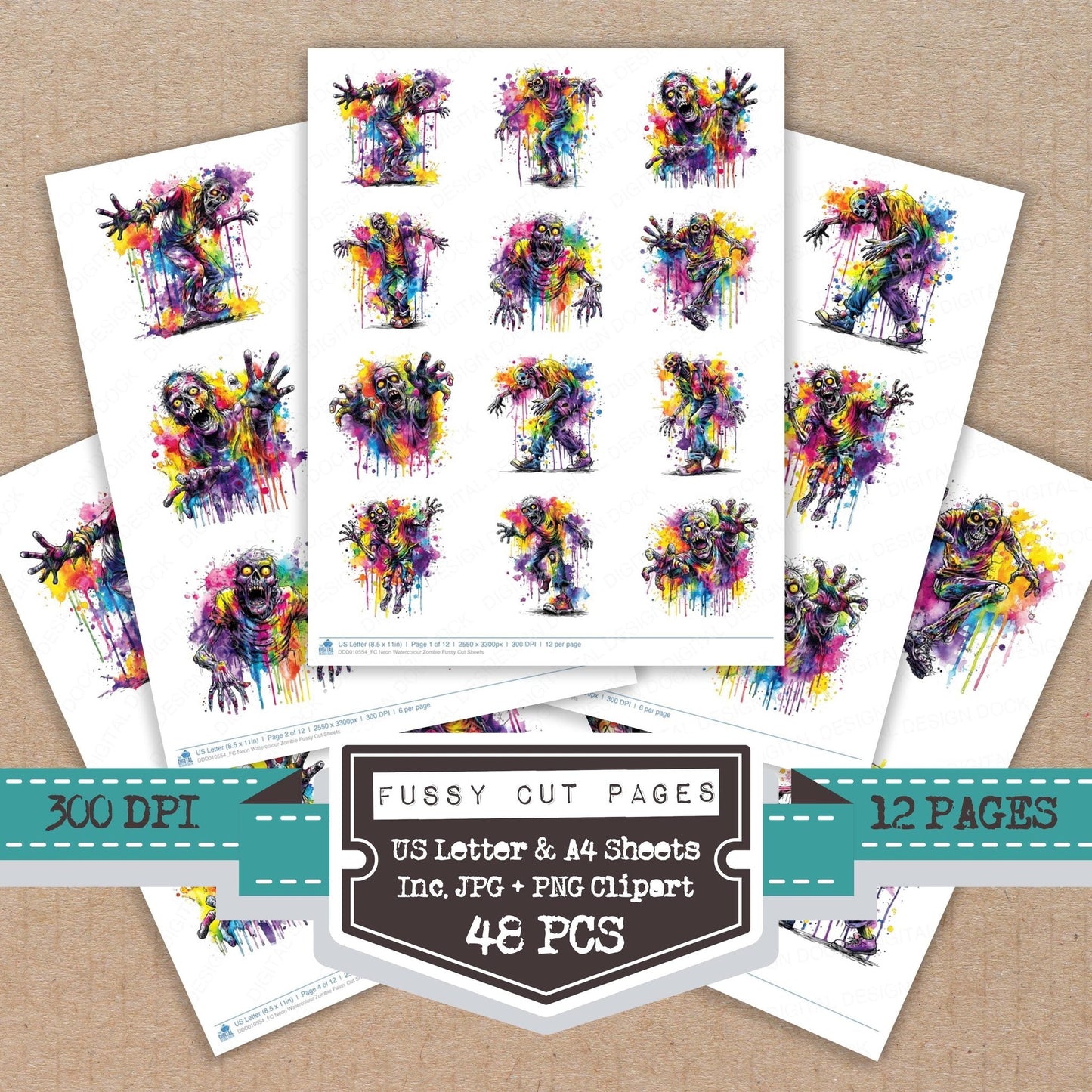 DDD010554_FC Neon Watercolour Zombie Fussy Cut Sheets