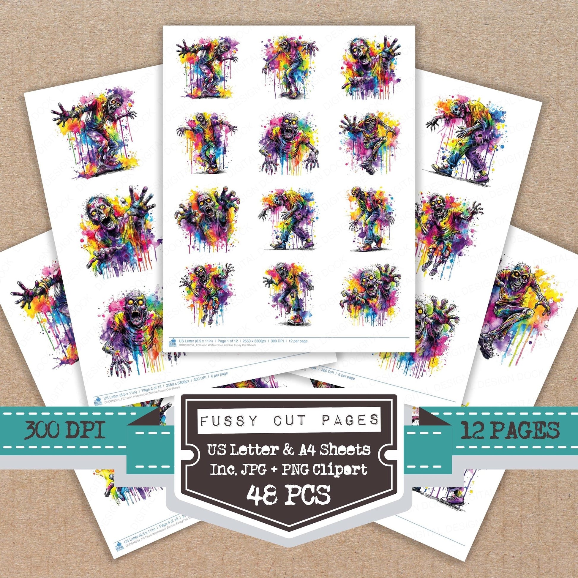 DDD010554_FC Neon Watercolour Zombie Fussy Cut Sheets
