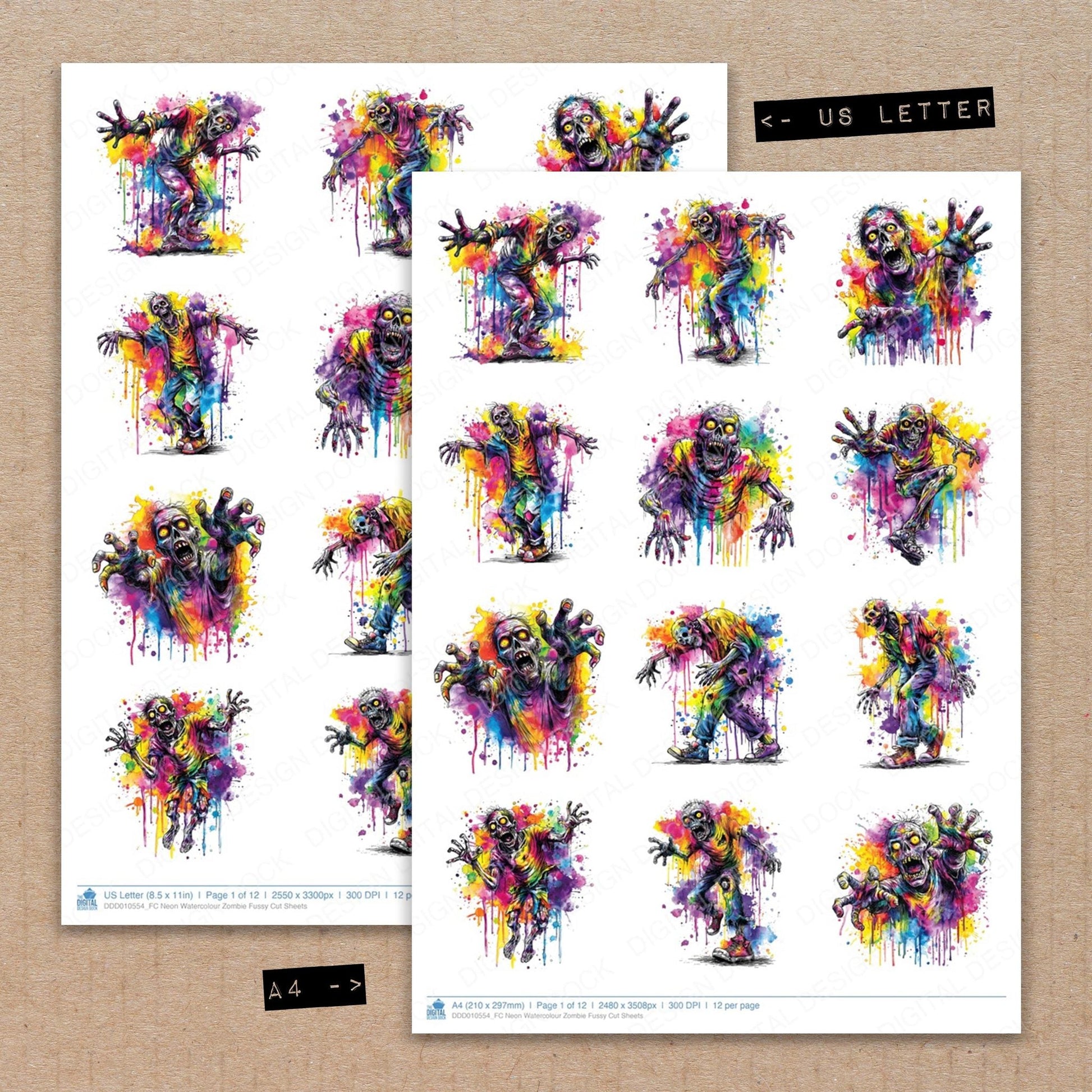 DDD010554_FC Neon Watercolour Zombie Fussy Cut Sheets