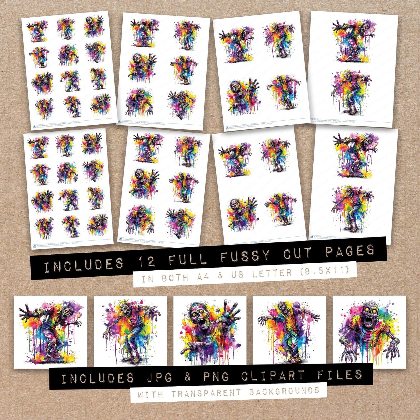 DDD010554_FC Neon Watercolour Zombie Fussy Cut Sheets