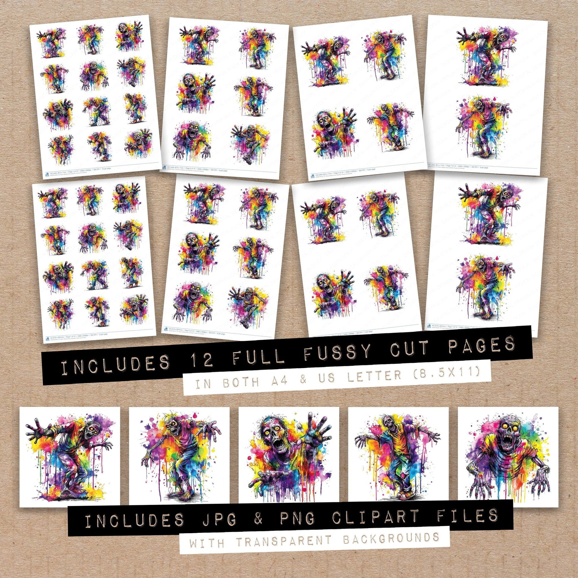 DDD010554_FC Neon Watercolour Zombie Fussy Cut Sheets