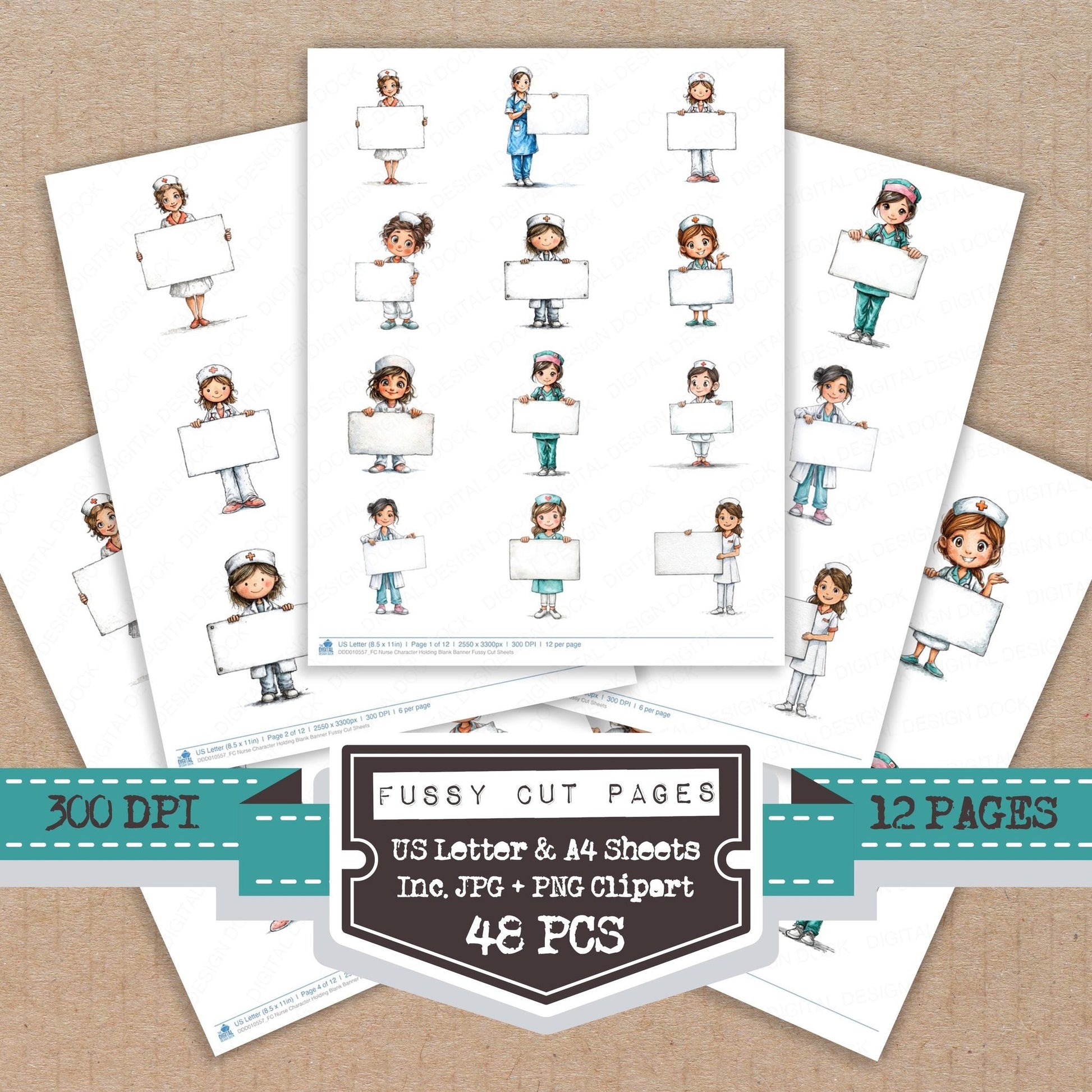DDD010557_FC Nurse Character Holding Blank Banner Fussy Cut Sheets