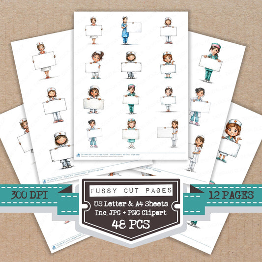 DDD010557_FC Nurse Character Holding Blank Banner Fussy Cut Sheets