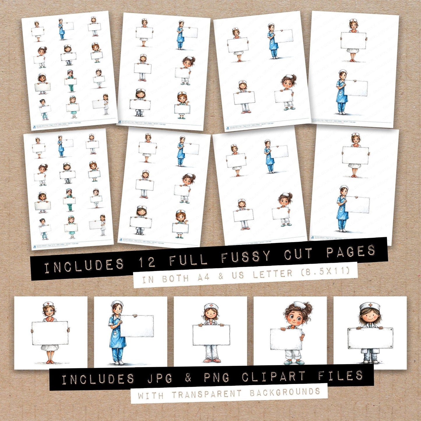 DDD010557_FC Nurse Character Holding Blank Banner Fussy Cut Sheets