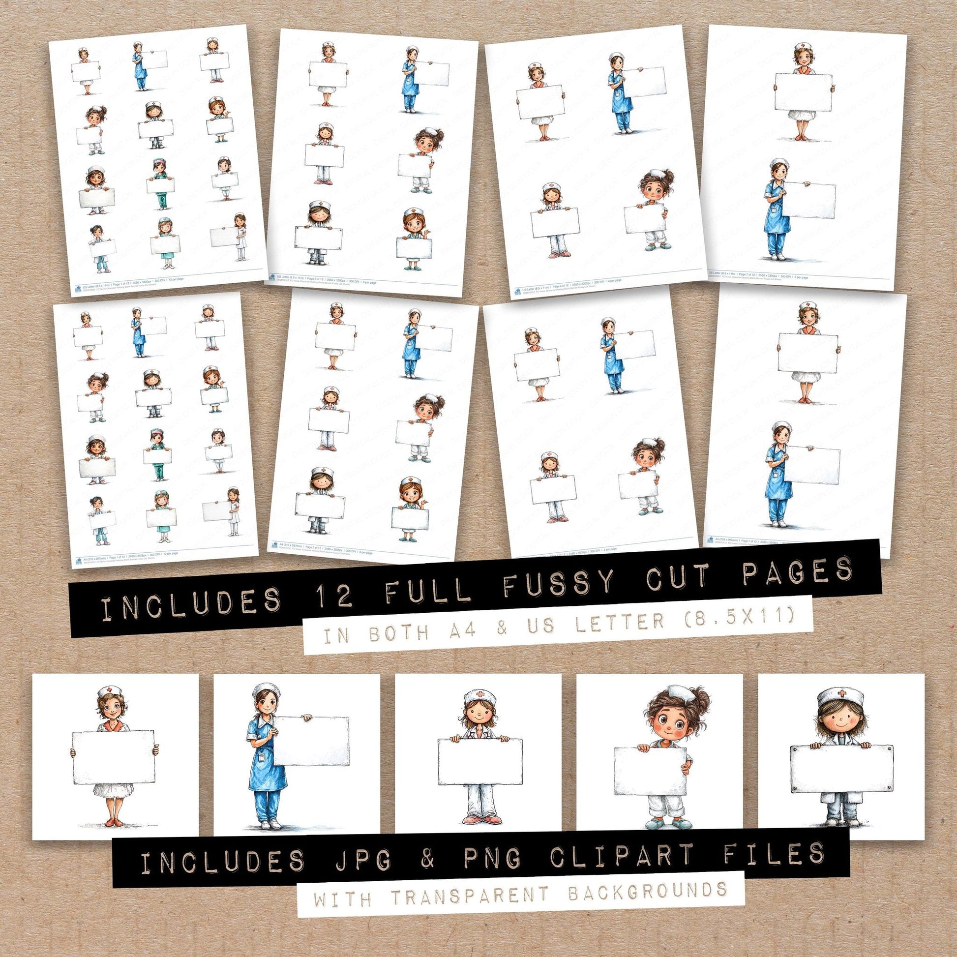 DDD010557_FC Nurse Character Holding Blank Banner Fussy Cut Sheets