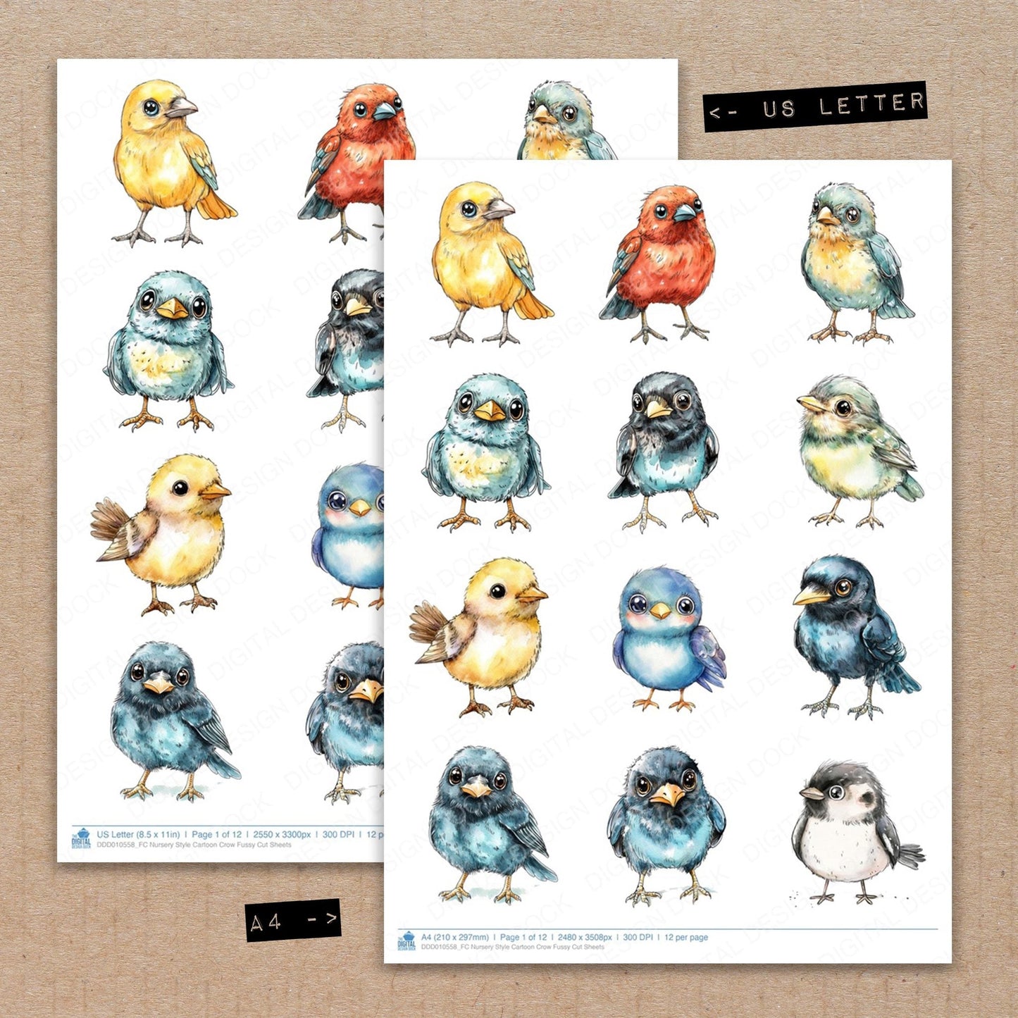 DDD010558_FC Nursery Style Cartoon Crow Fussy Cut Sheets